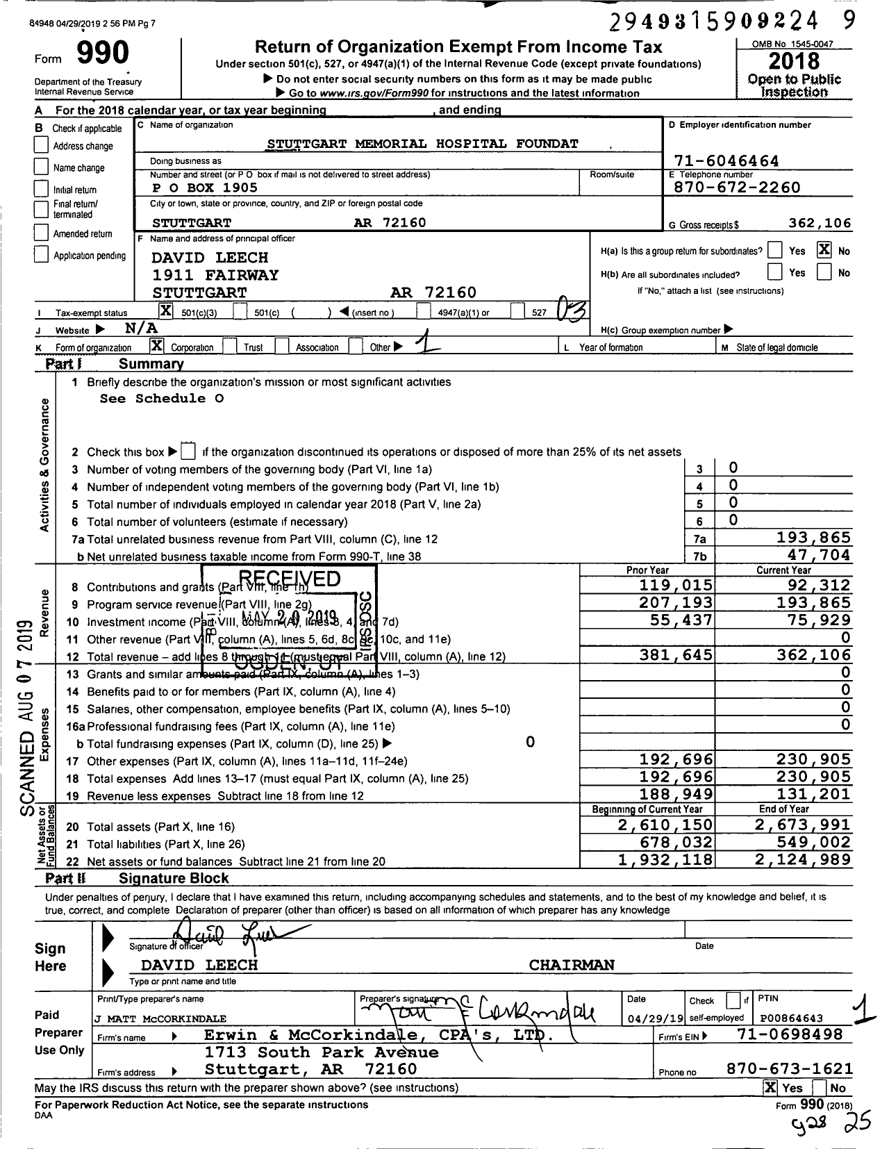 Image of first page of 2018 Form 990 for Stuttgart Memorial Hospital Foundation