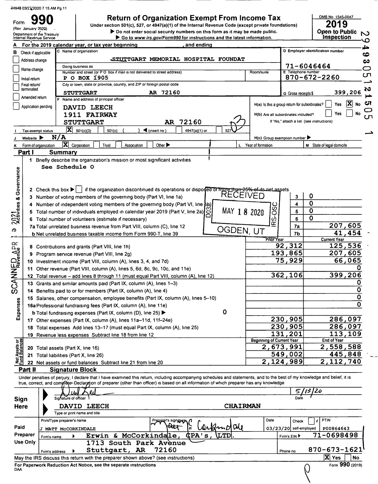 Image of first page of 2019 Form 990 for Stuttgart Memorial Hospital Foundation