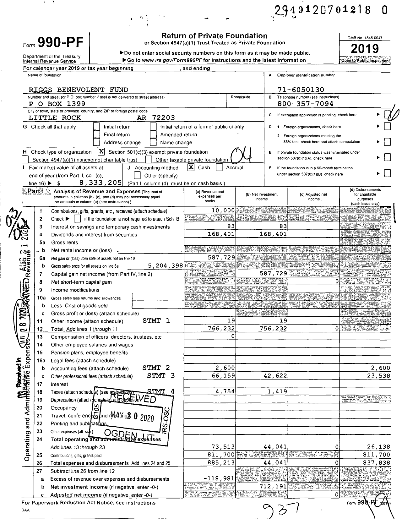 Image of first page of 2019 Form 990PR for Riggs Benevolent Fund