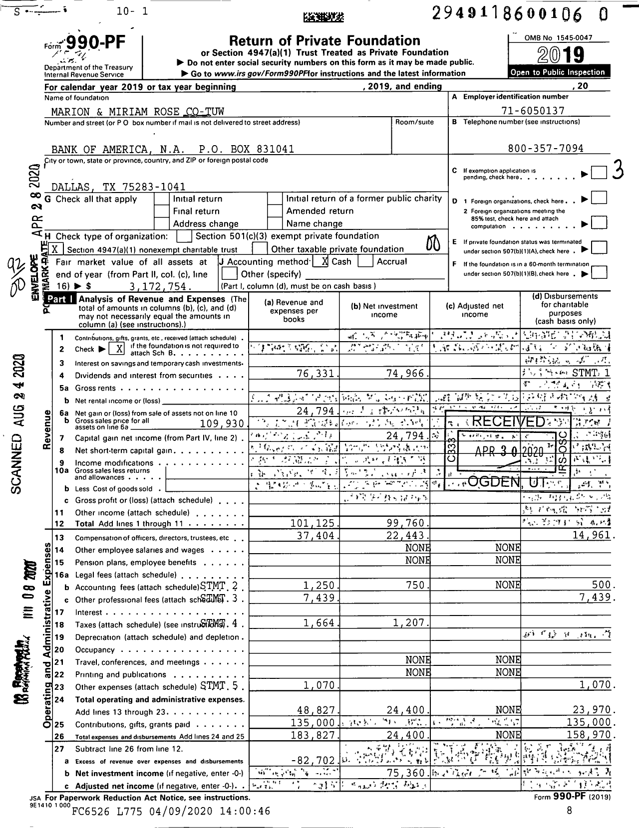 Image of first page of 2019 Form 990PR for Co-Tuw Marion &amp Miriam Rose