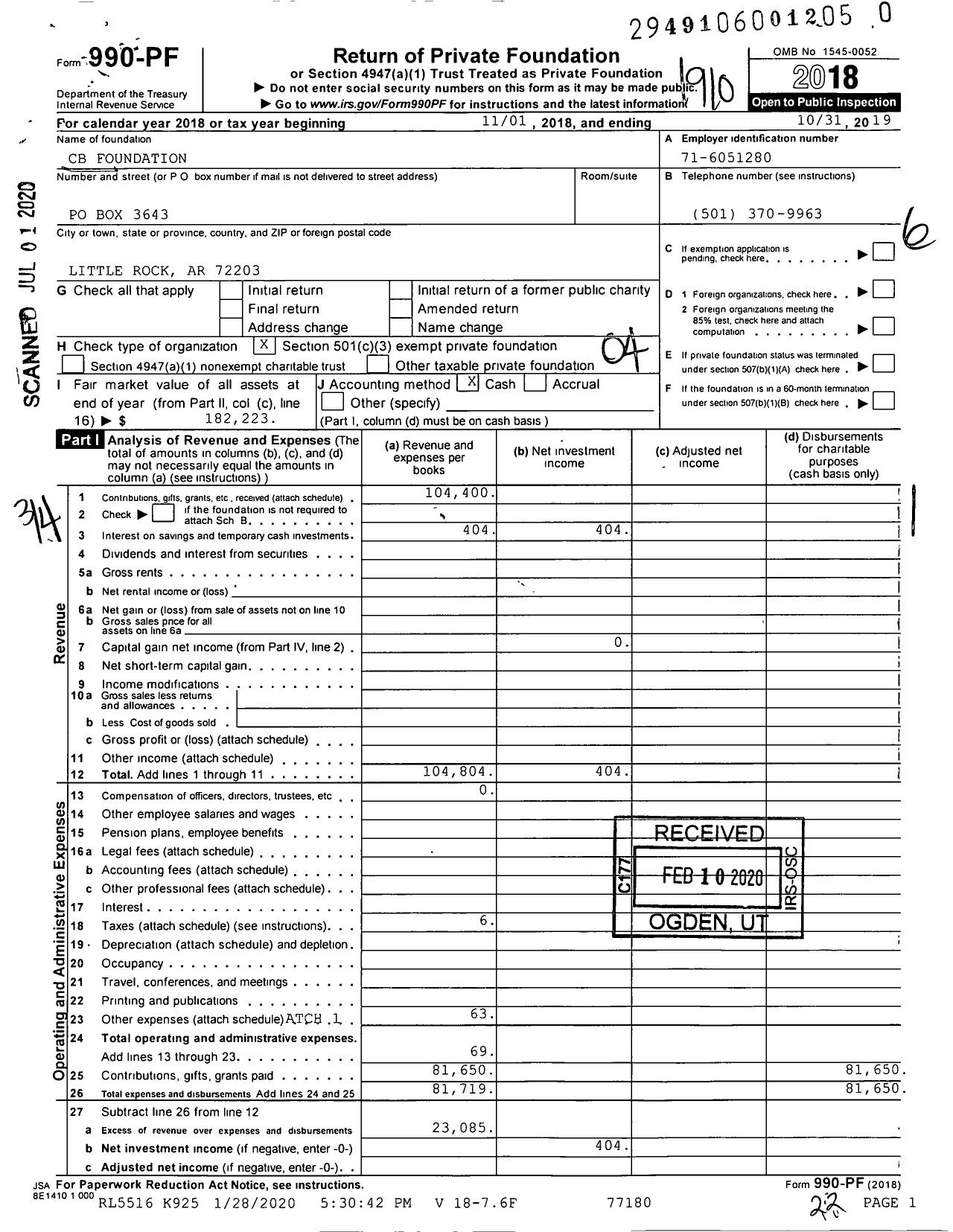 Image of first page of 2018 Form 990PR for CB Foundation