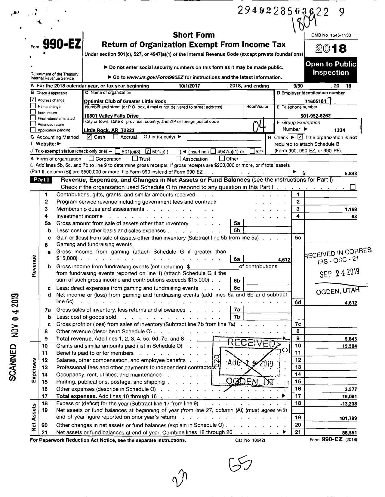 Image of first page of 2017 Form 990EO for Optimist International - 34035 Opti Club Greater Little Rock