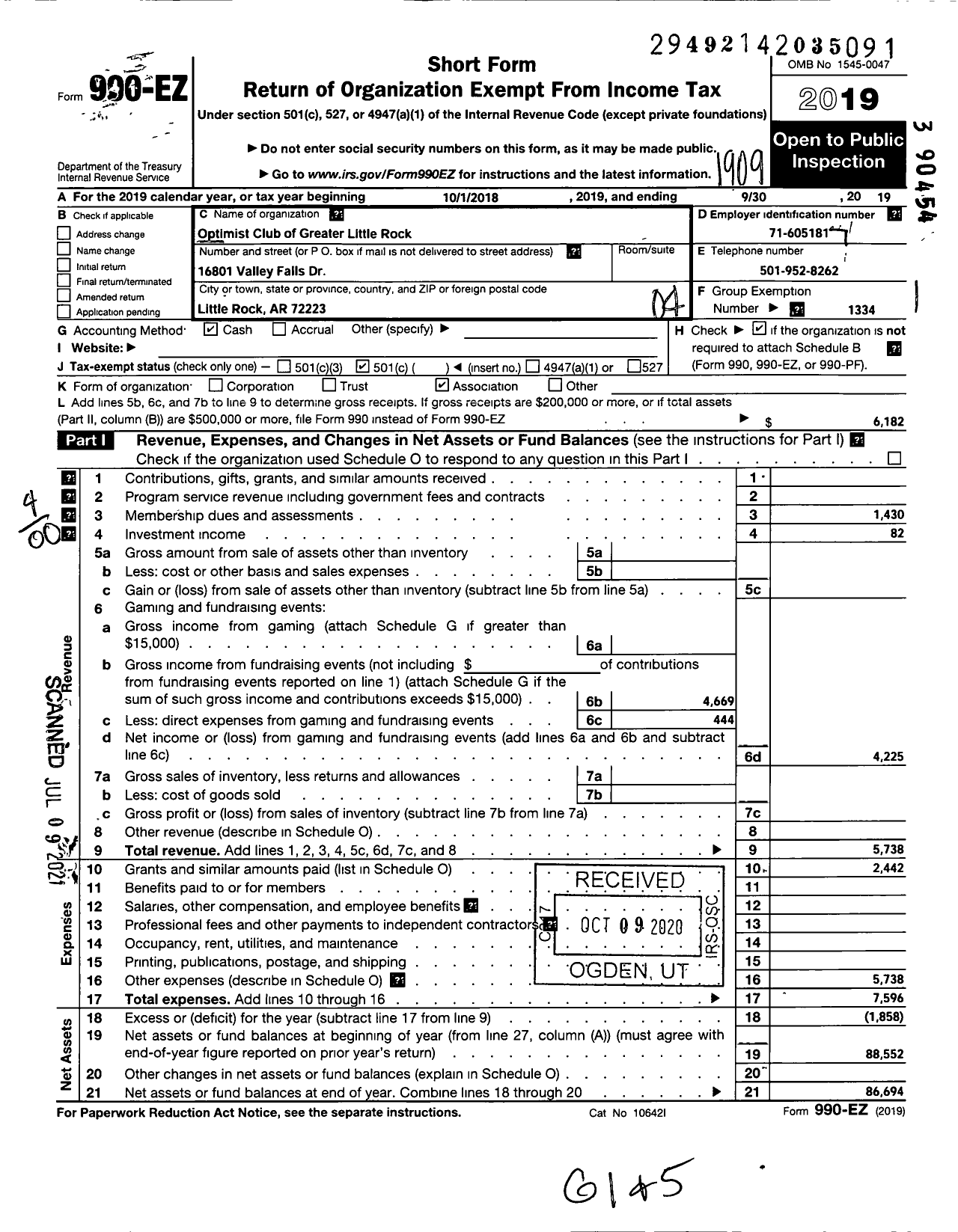 Image of first page of 2018 Form 990EO for Optimist International - 34035 Opti Club Greater Little Rock