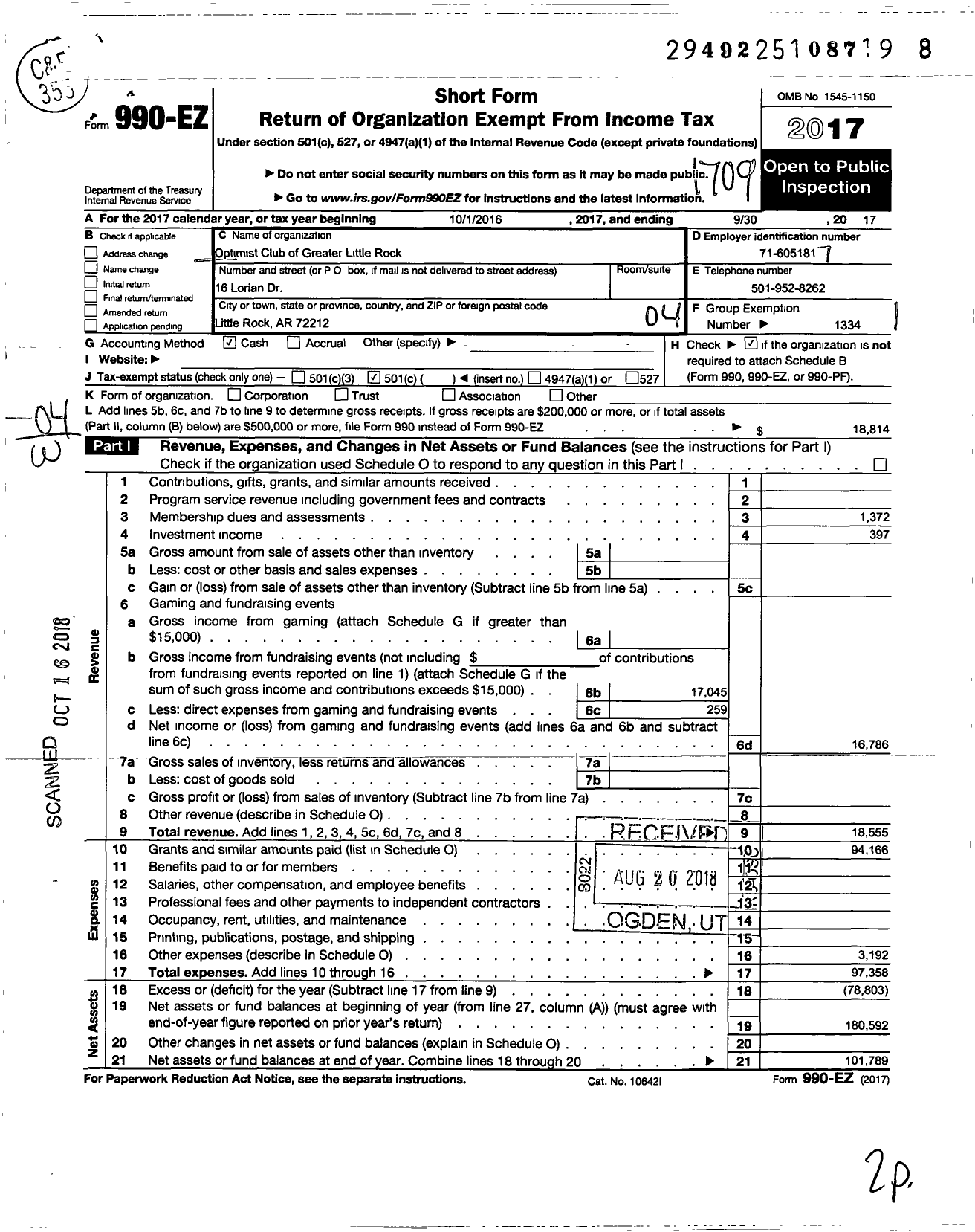 Image of first page of 2016 Form 990EO for Optimist International - 34035 Opti Club Greater Little Rock