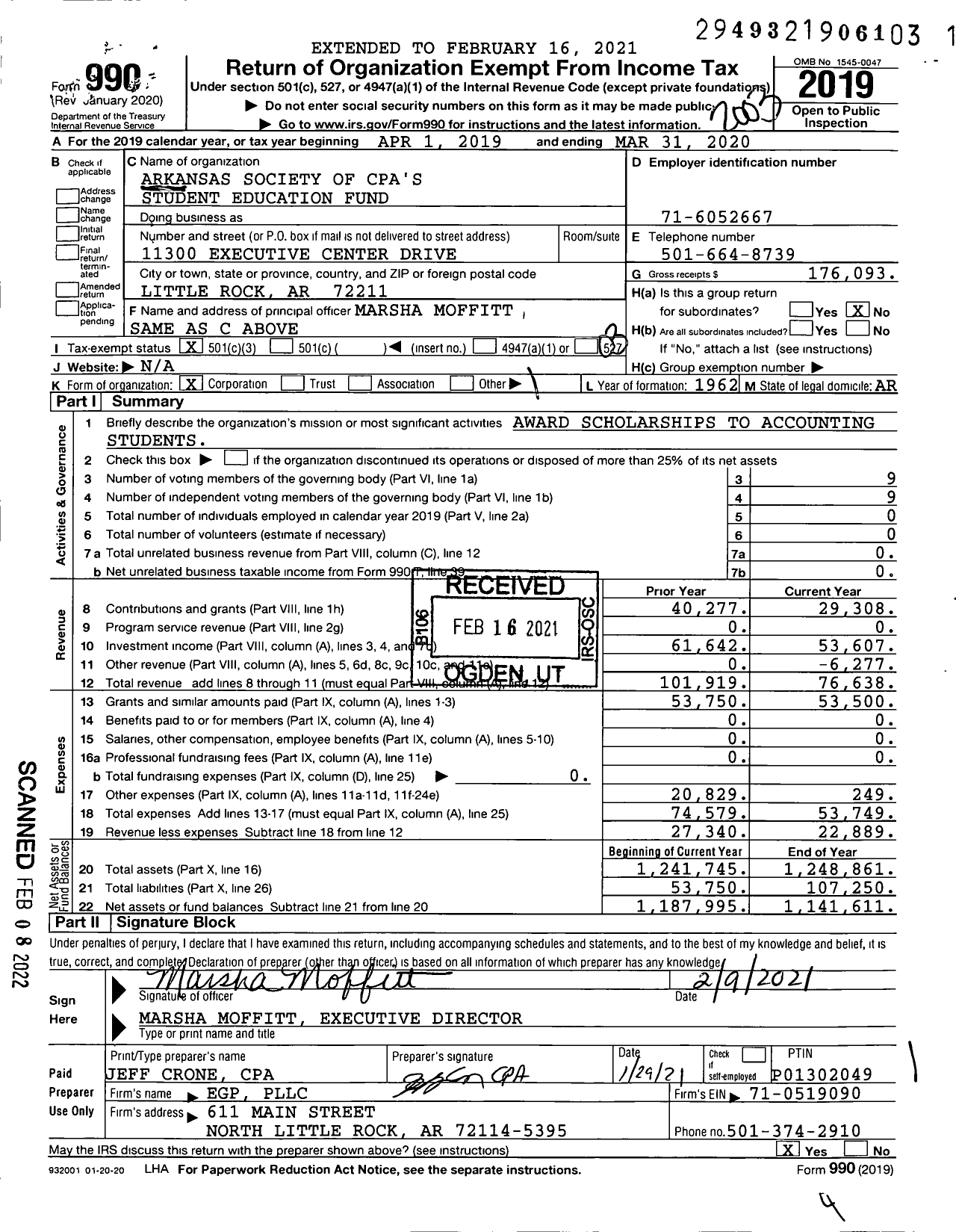 Image of first page of 2019 Form 990 for Arkansas Society of Cpa's Student Education Fund