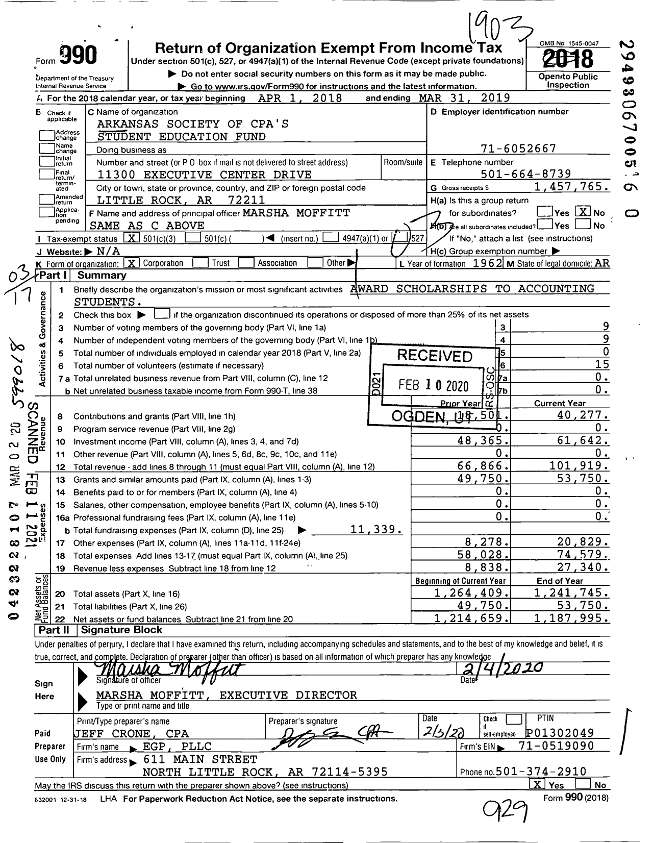 Image of first page of 2018 Form 990 for Arkansas Society of Cpa's Student Education Fund