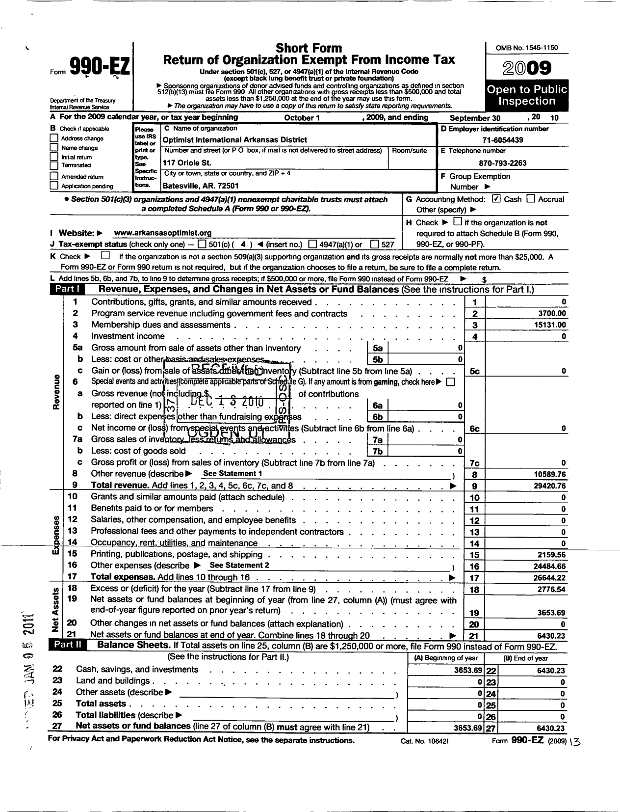 Image of first page of 2009 Form 990EO for Optimist International - 34999 Arkansas District