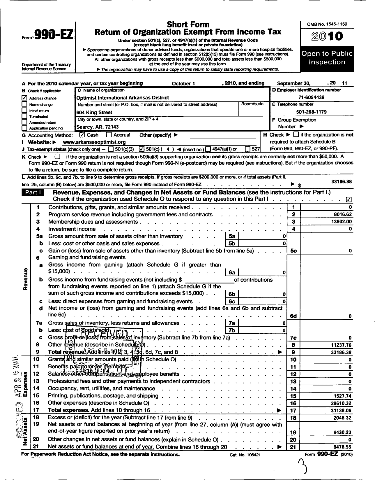 Image of first page of 2010 Form 990EO for Optimist International - 34999 Arkansas District