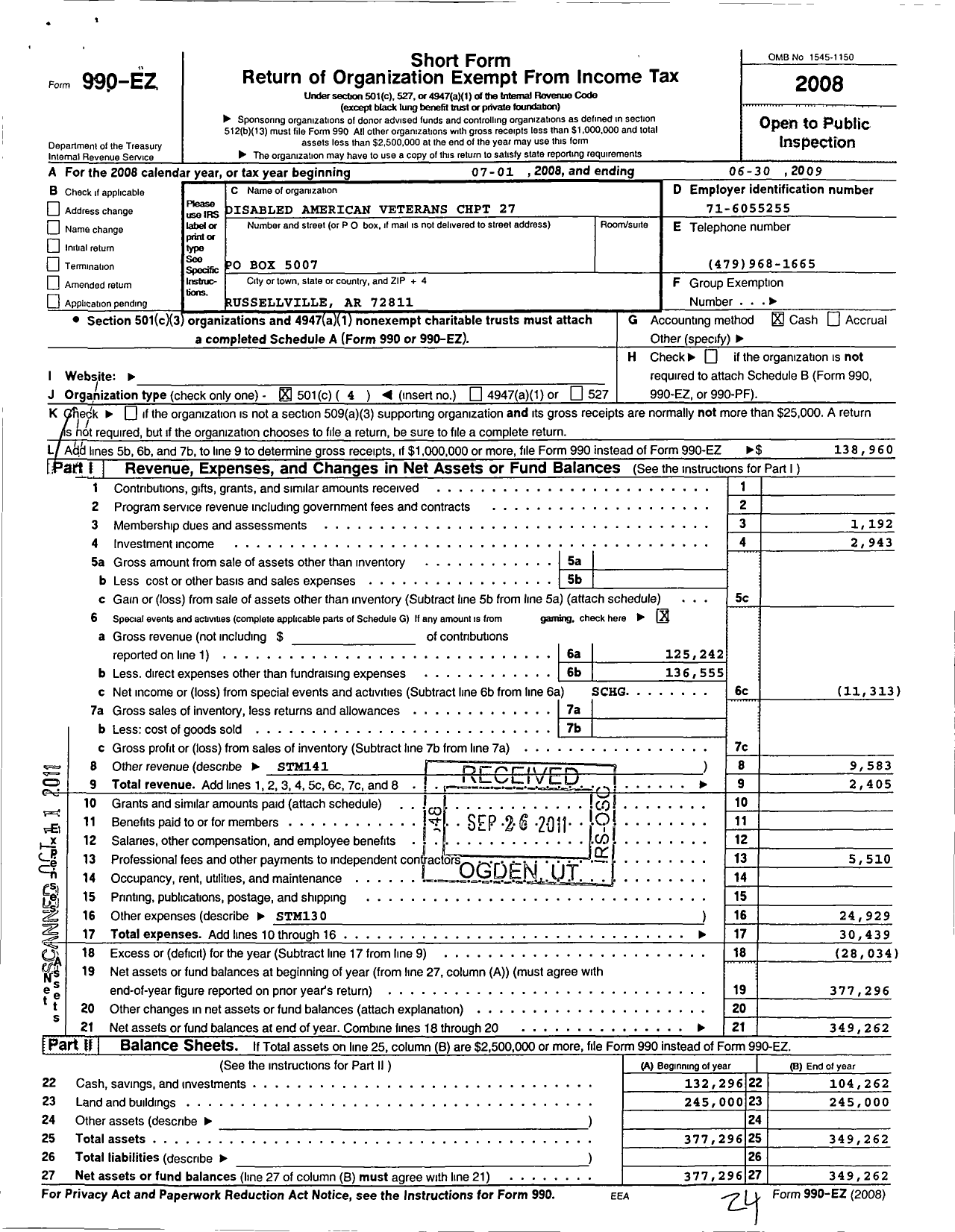 Image of first page of 2008 Form 990EO for Disabled American Veterans - 7 Greater Little Rock