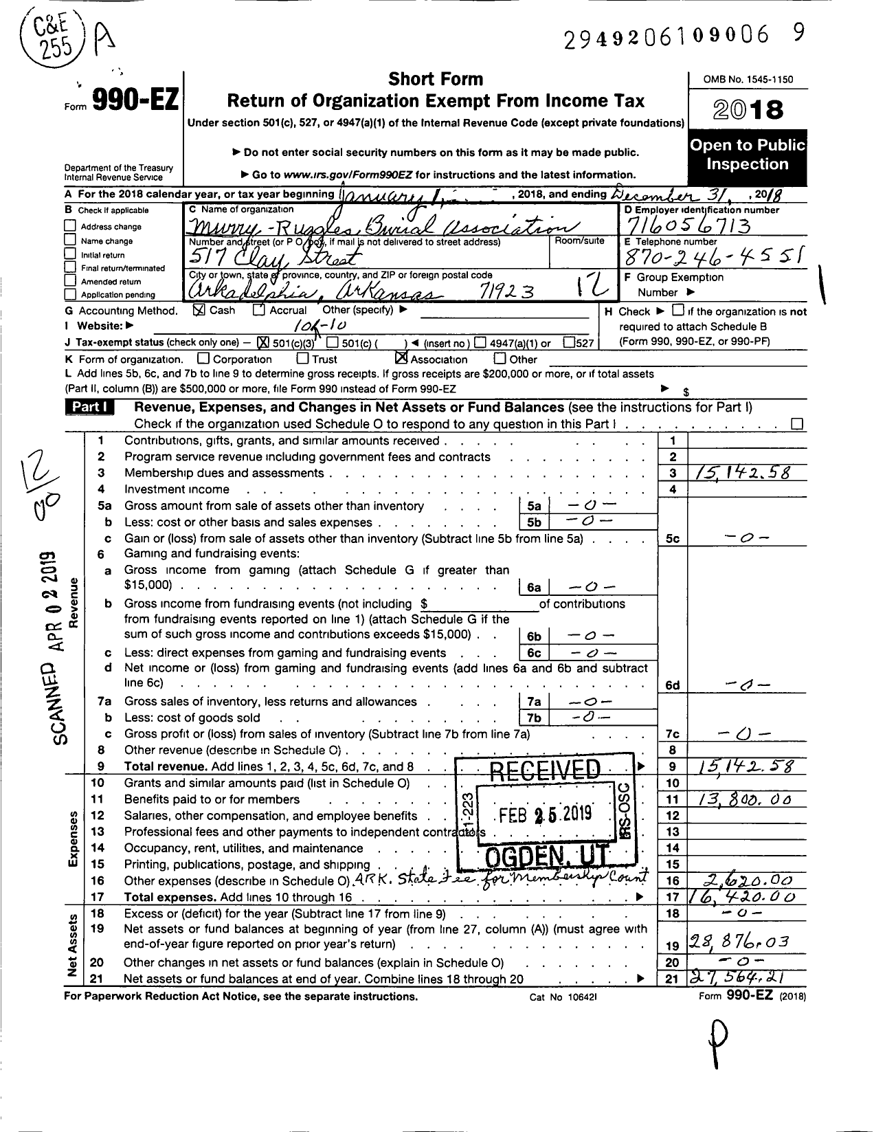 Image of first page of 2018 Form 990EO for Murry-Ruggles Burial Association