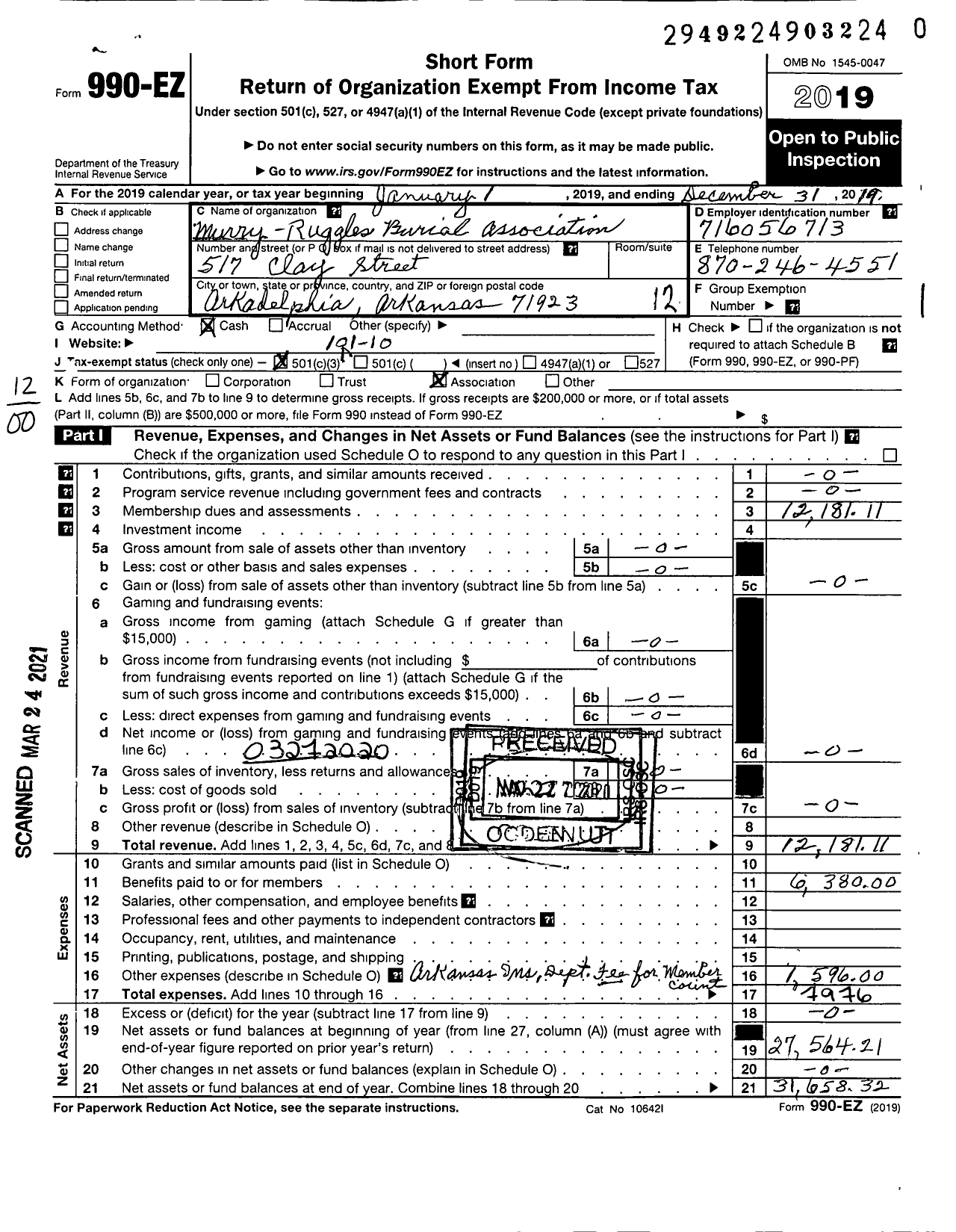 Image of first page of 2019 Form 990EO for Murry-Ruggles Burial Association