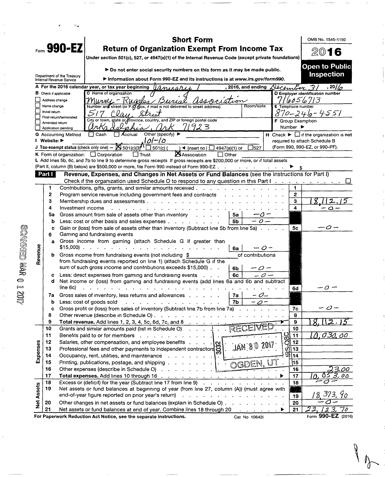 Image of first page of 2016 Form 990EZ for Murry-Ruggles Burial Association