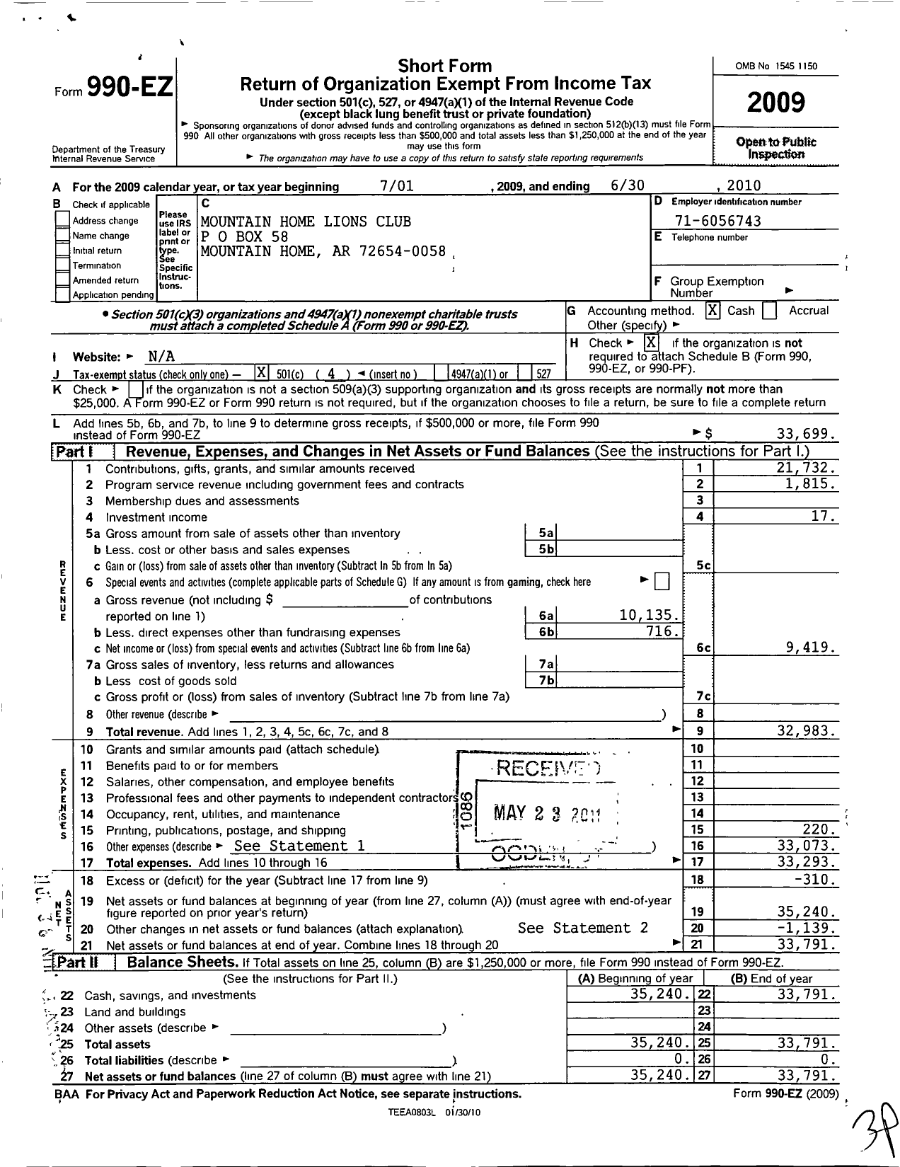 Image of first page of 2009 Form 990EO for Lions Clubs - 3728 Mountain Home