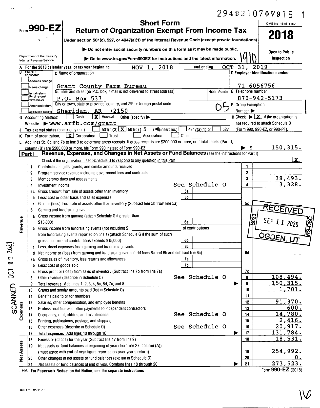 Image of first page of 2018 Form 990EO for Grant County Farm Bureau