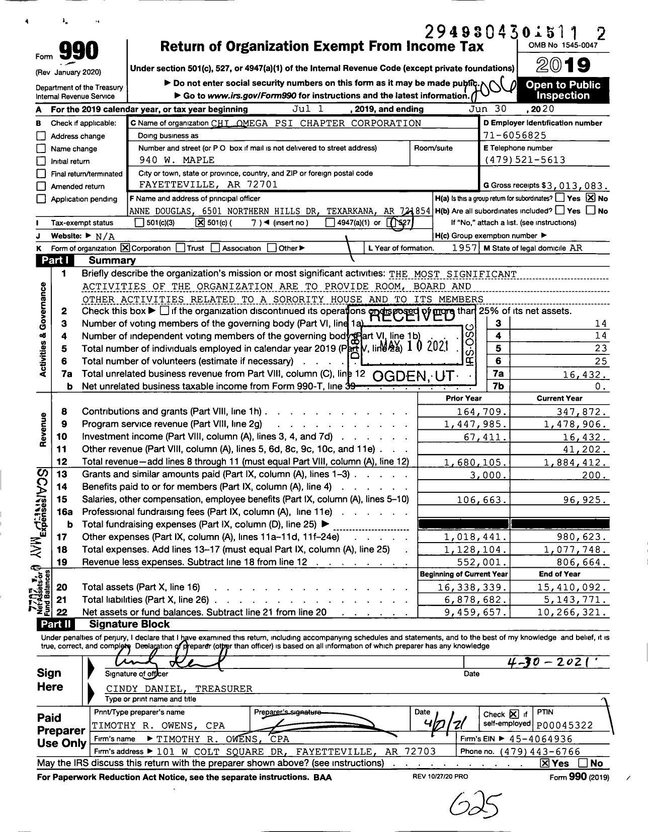 Image of first page of 2019 Form 990O for Chi Omega Psi Chapter Corporation