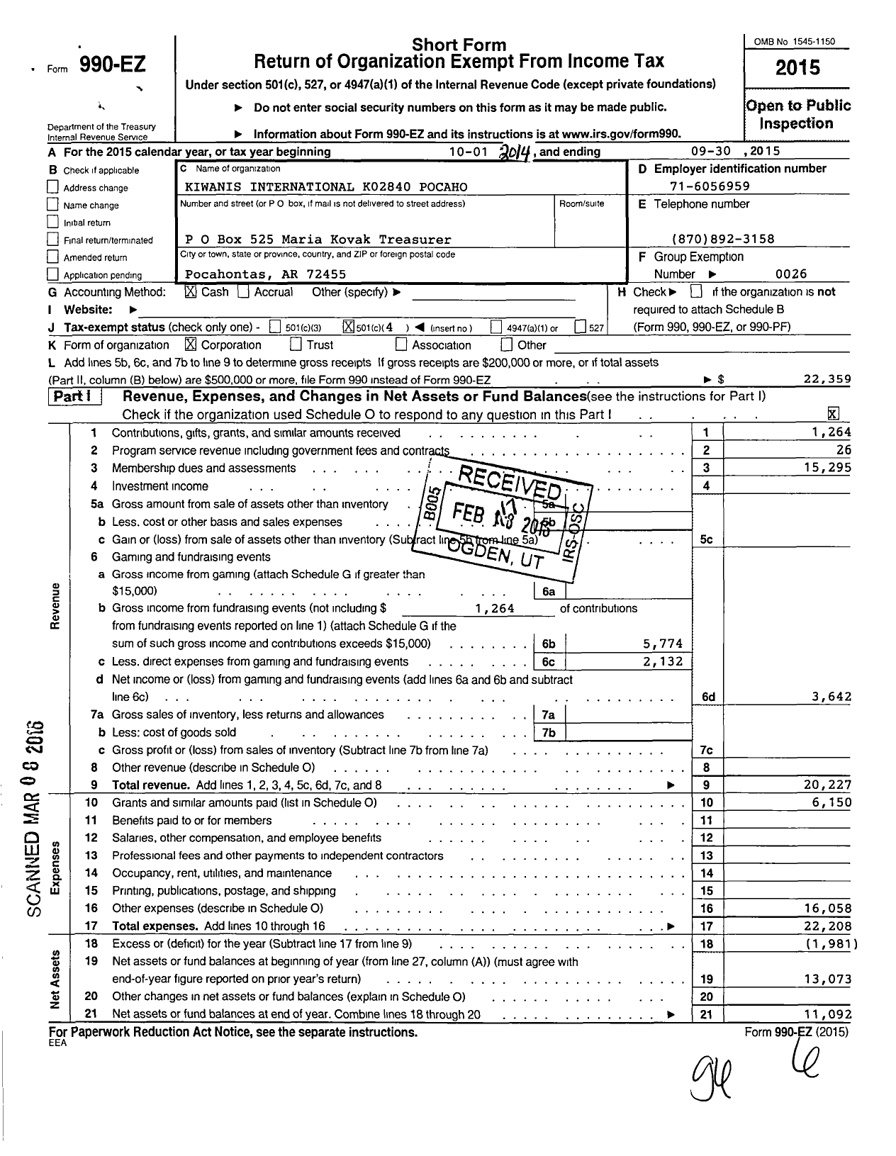 Image of first page of 2014 Form 990EO for Kiwanis International - K02840 Pocahontas