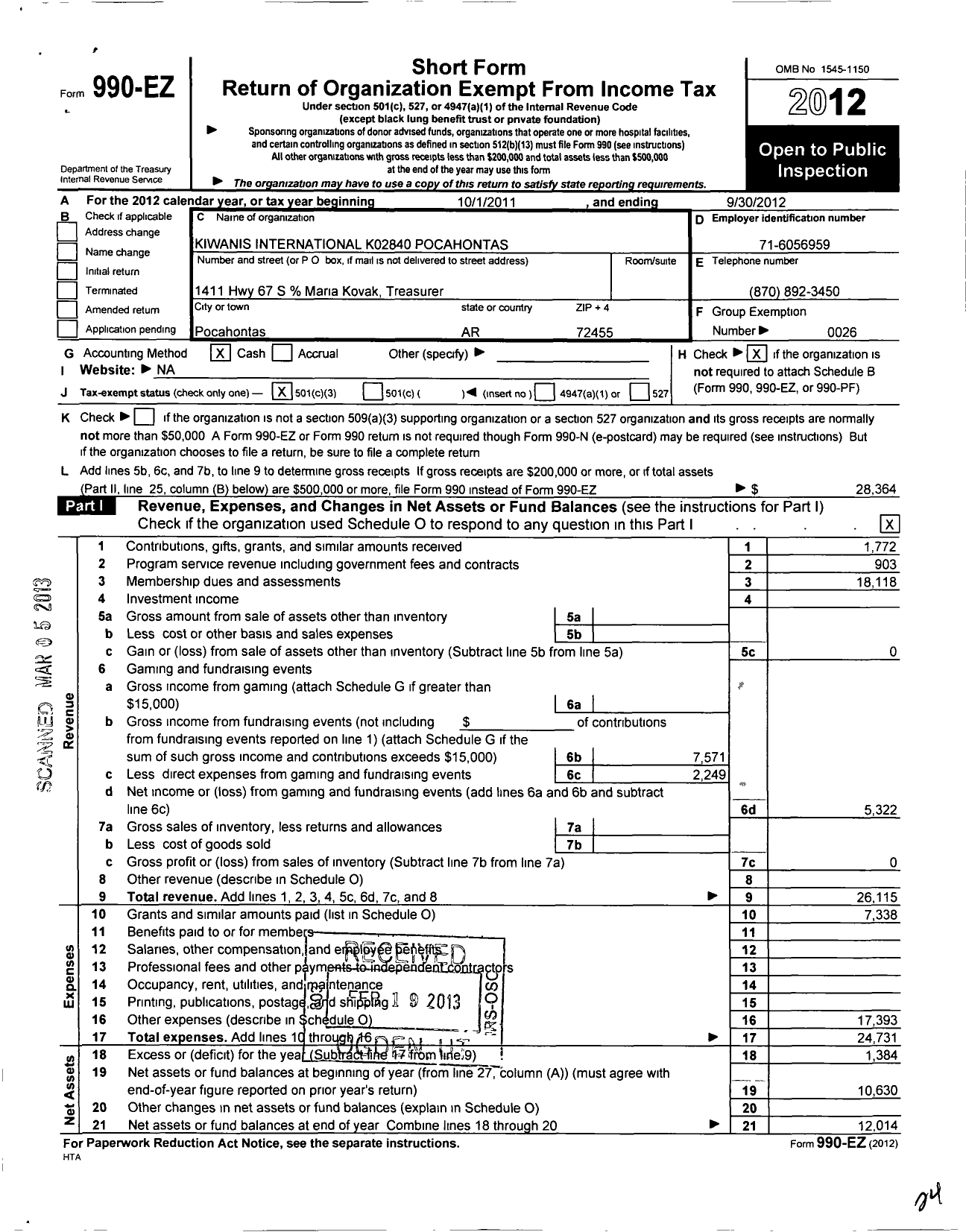 Image of first page of 2011 Form 990EZ for Kiwanis International - K02840 Pocahontas