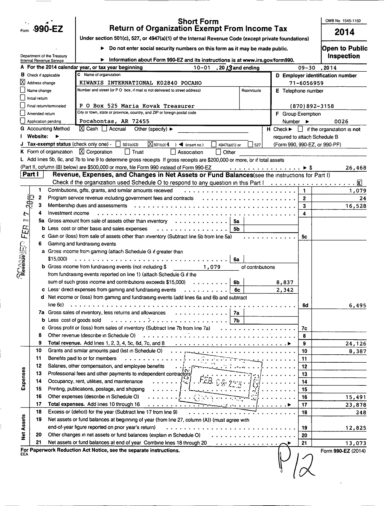 Image of first page of 2013 Form 990EO for Kiwanis International - K02840 Pocahontas