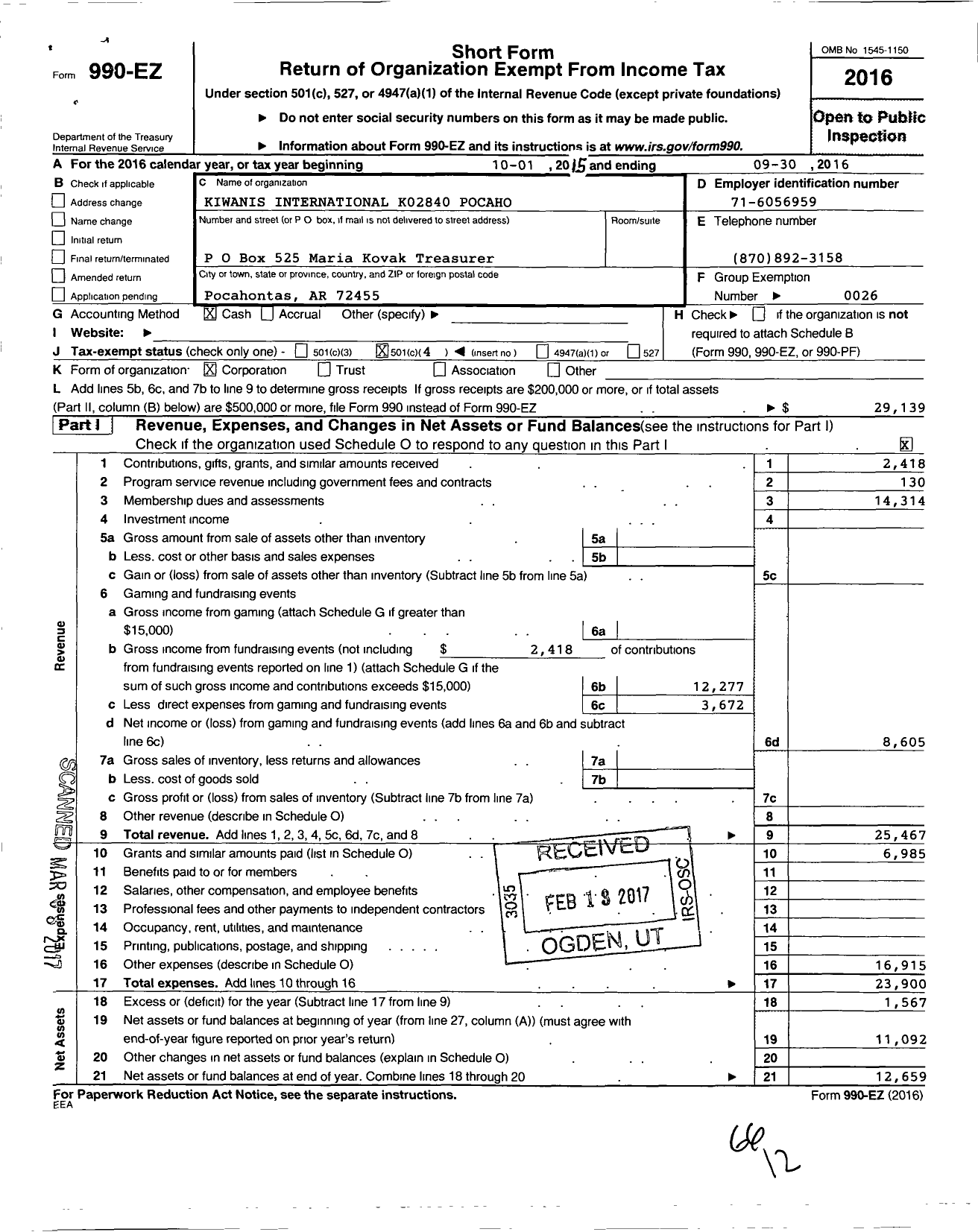 Image of first page of 2015 Form 990EO for Kiwanis International - K02840 Pocahontas