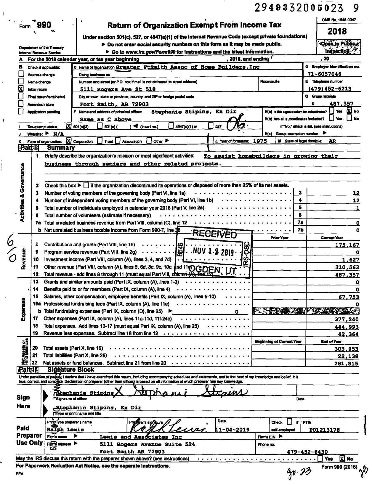 Image of first page of 2018 Form 990O for Greater FtSmith Assoc of Home Builders