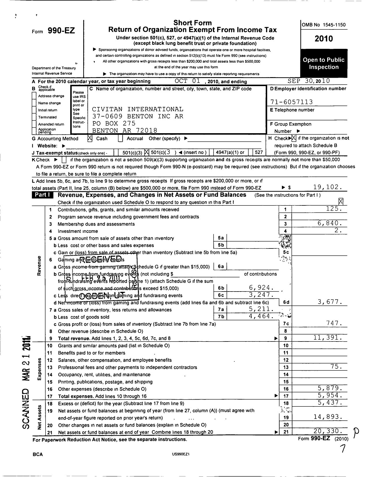 Image of first page of 2009 Form 990EZ for Benton Ar