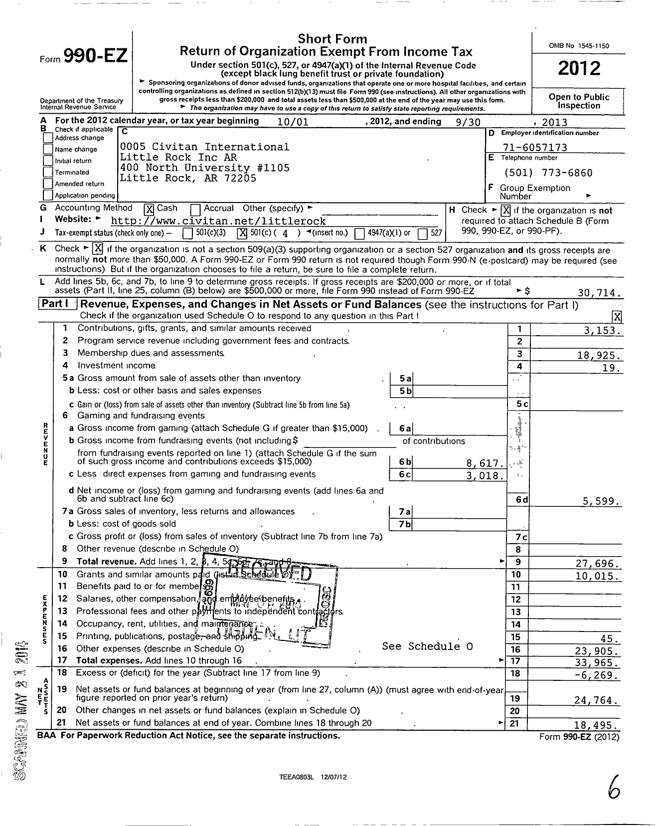 Image of first page of 2012 Form 990EO for Civitan International / Little Rock Inc Ar