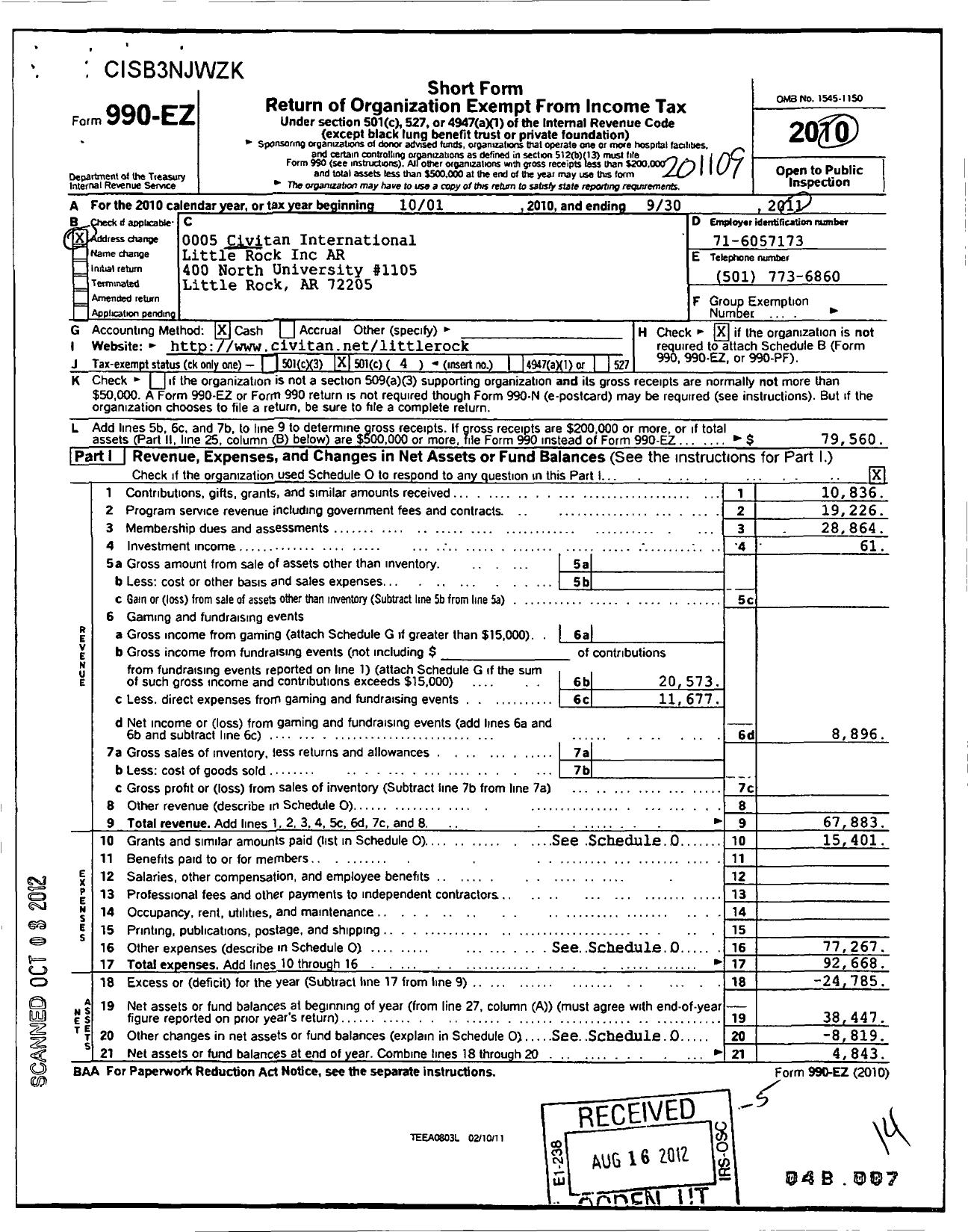 Image of first page of 2010 Form 990EO for Civitan International / Little Rock Inc Ar