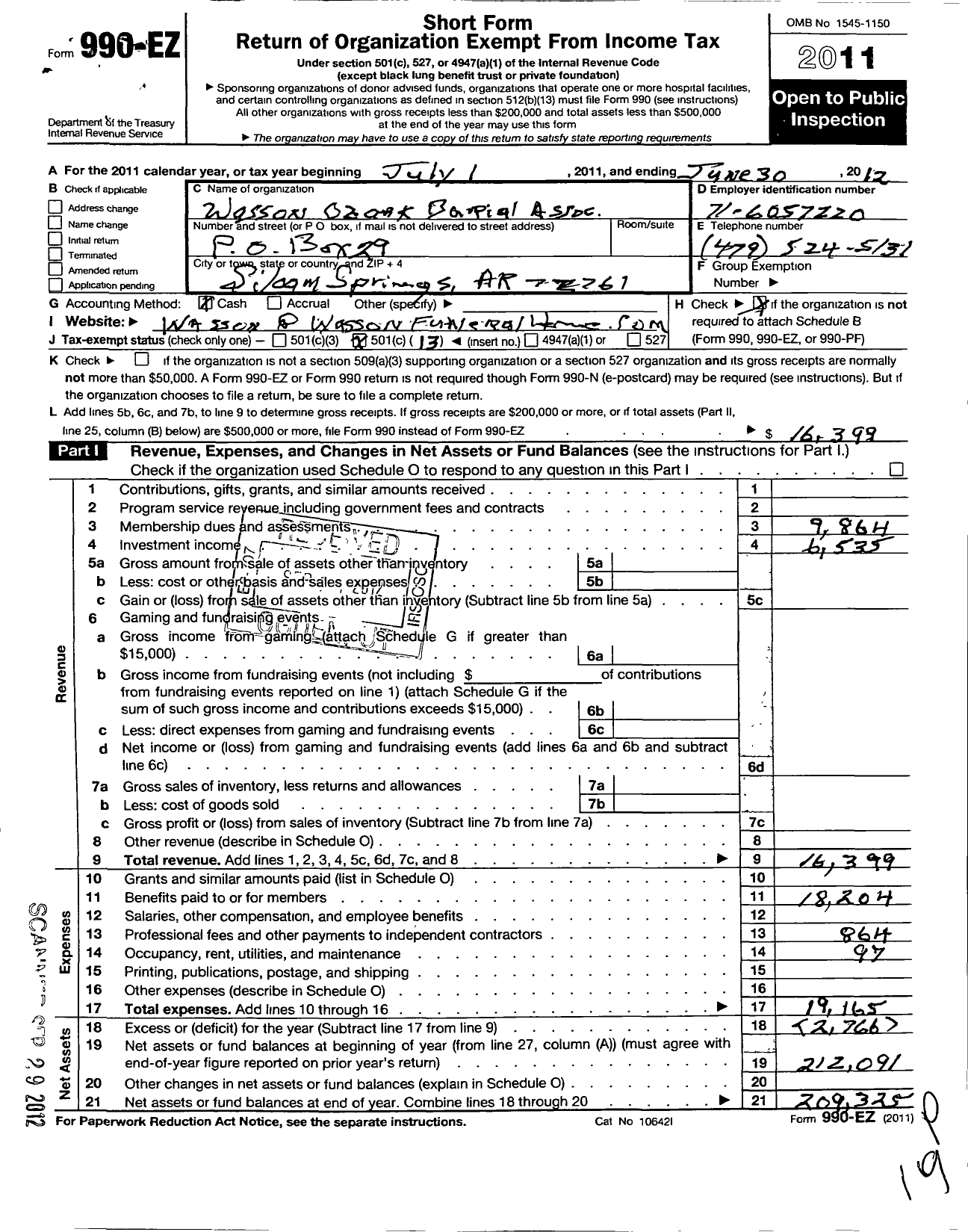 Image of first page of 2011 Form 990EO for Wassons Ozark Burial Association