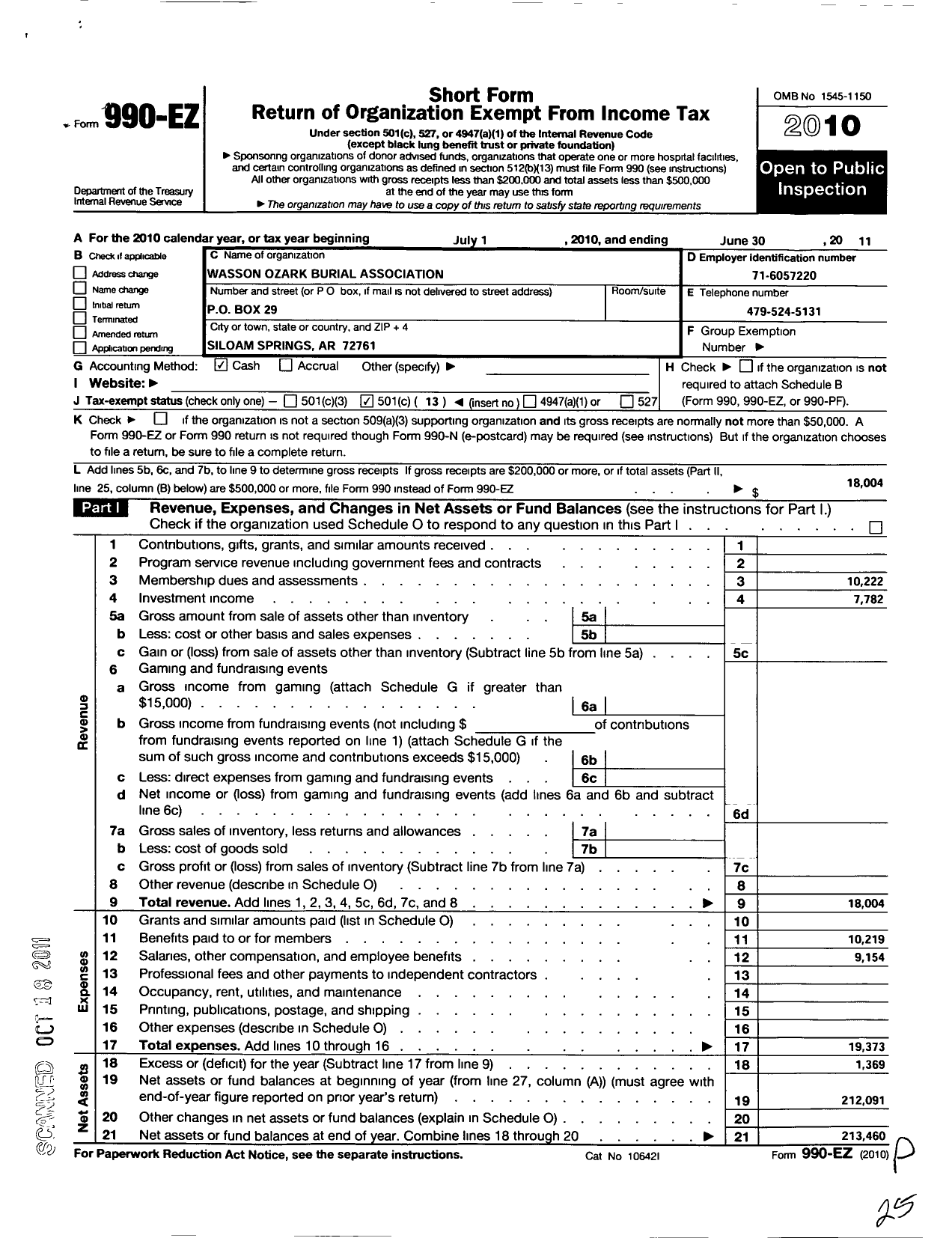 Image of first page of 2010 Form 990EO for Wassons Ozark Burial Association