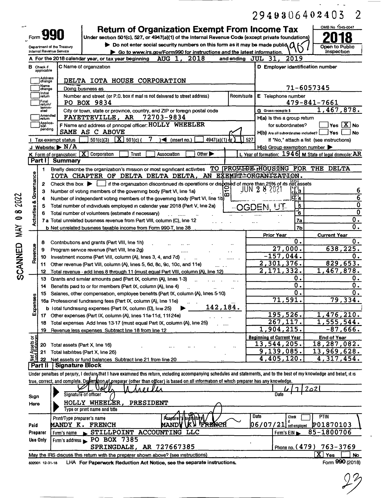 Image of first page of 2018 Form 990O for Delta Iota House Corporation