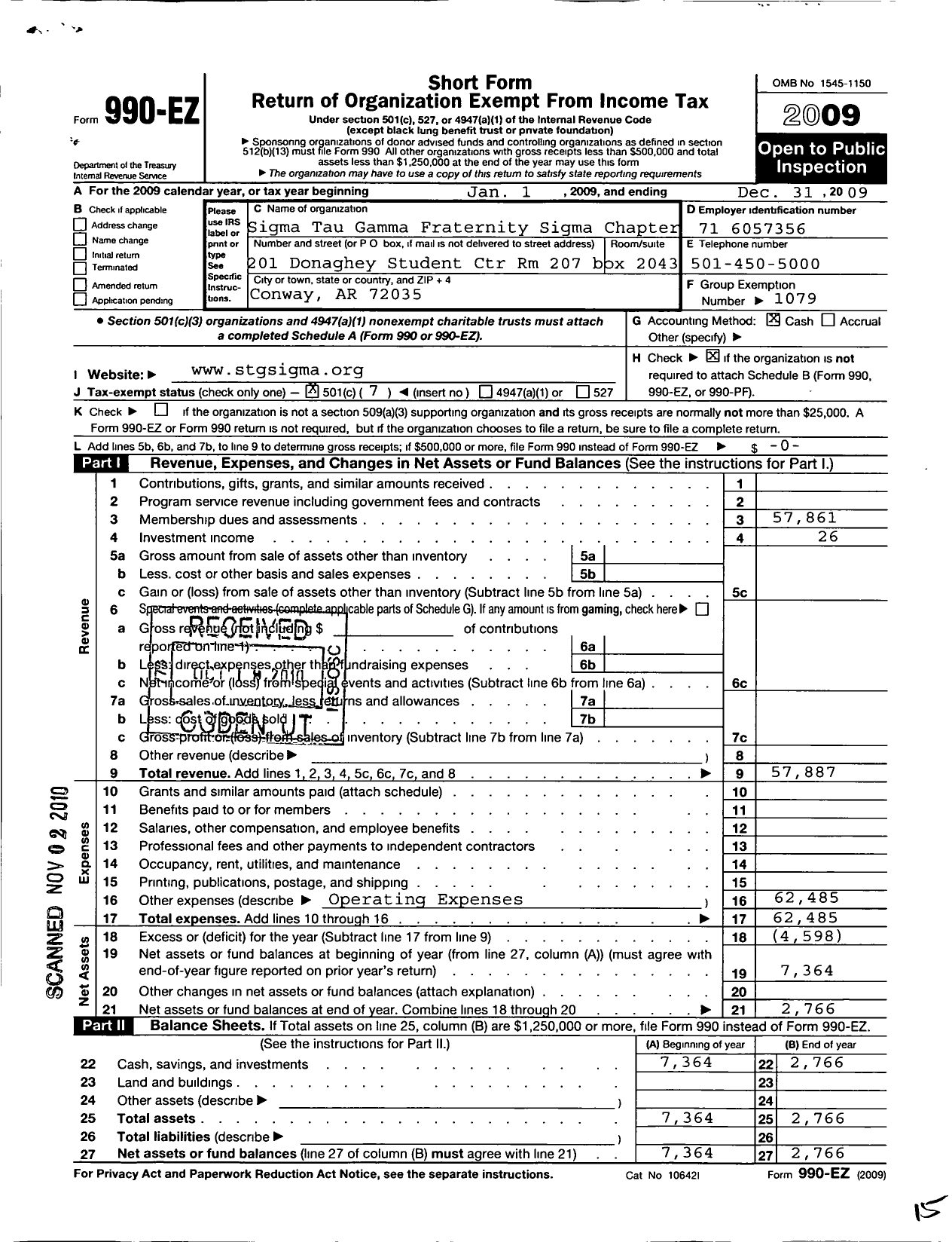 Image of first page of 2009 Form 990EO for Sigma Tau Gamma Fraternity / Sigma Chapter