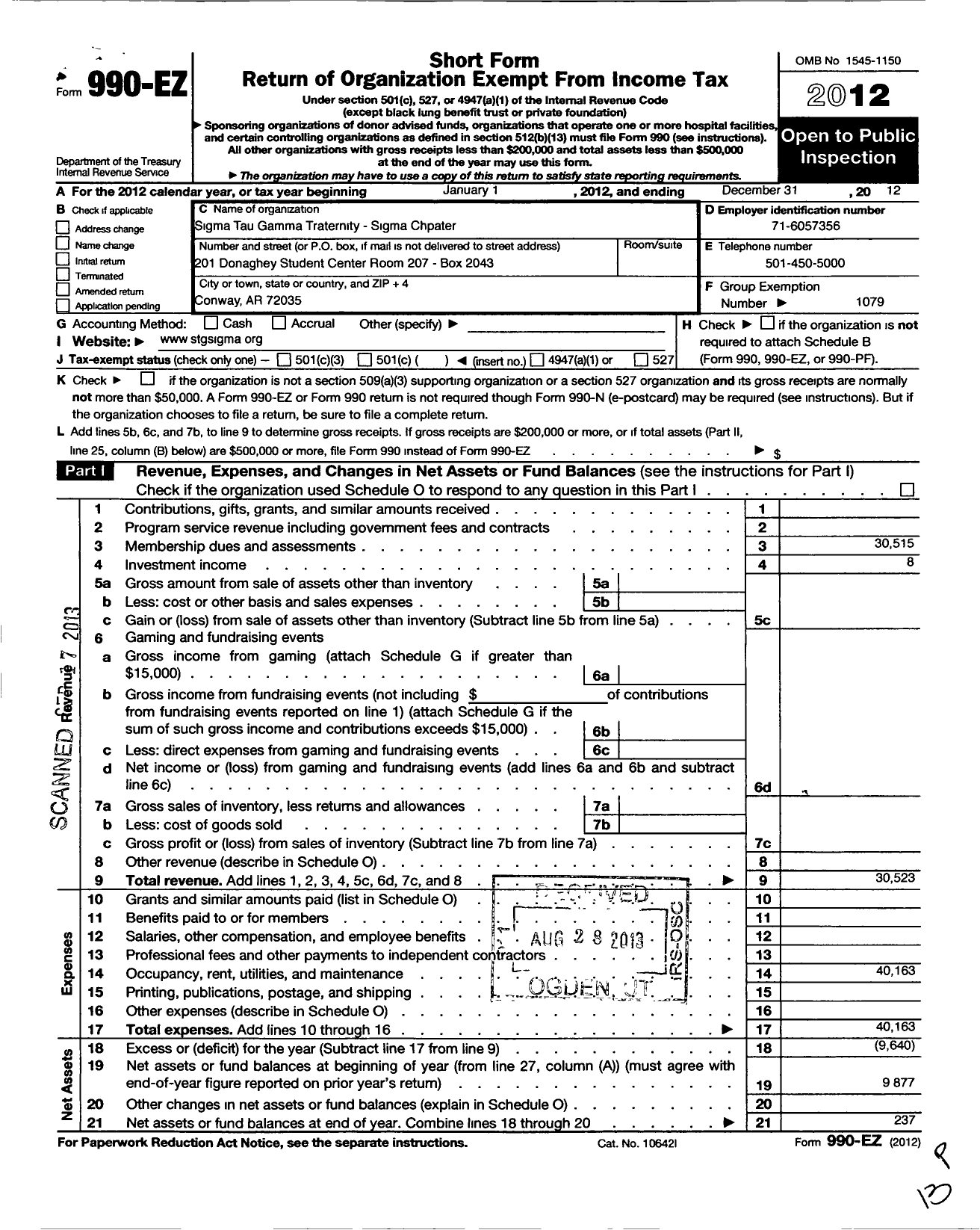 Image of first page of 2012 Form 990EO for Sigma Tau Gamma Fraternity / Sigma Chapter