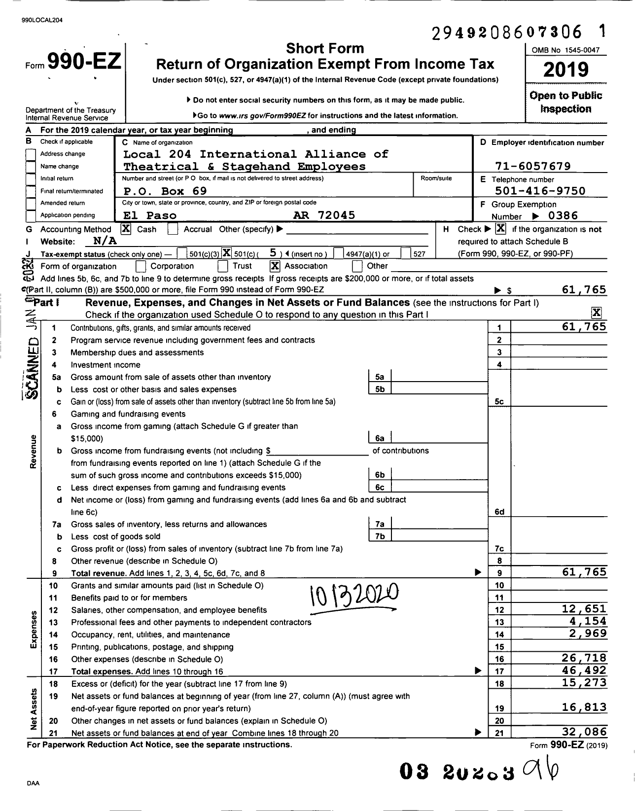 Image of first page of 2019 Form 990EO for International Alliance of Theatrical Stage Employees - 204 Local