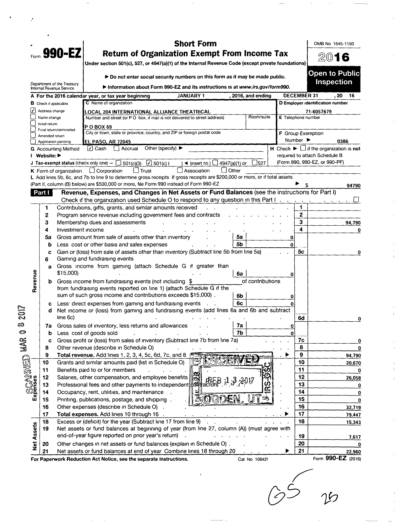 Image of first page of 2016 Form 990EO for International Alliance of Theatrical Stage Employees - 204 Local