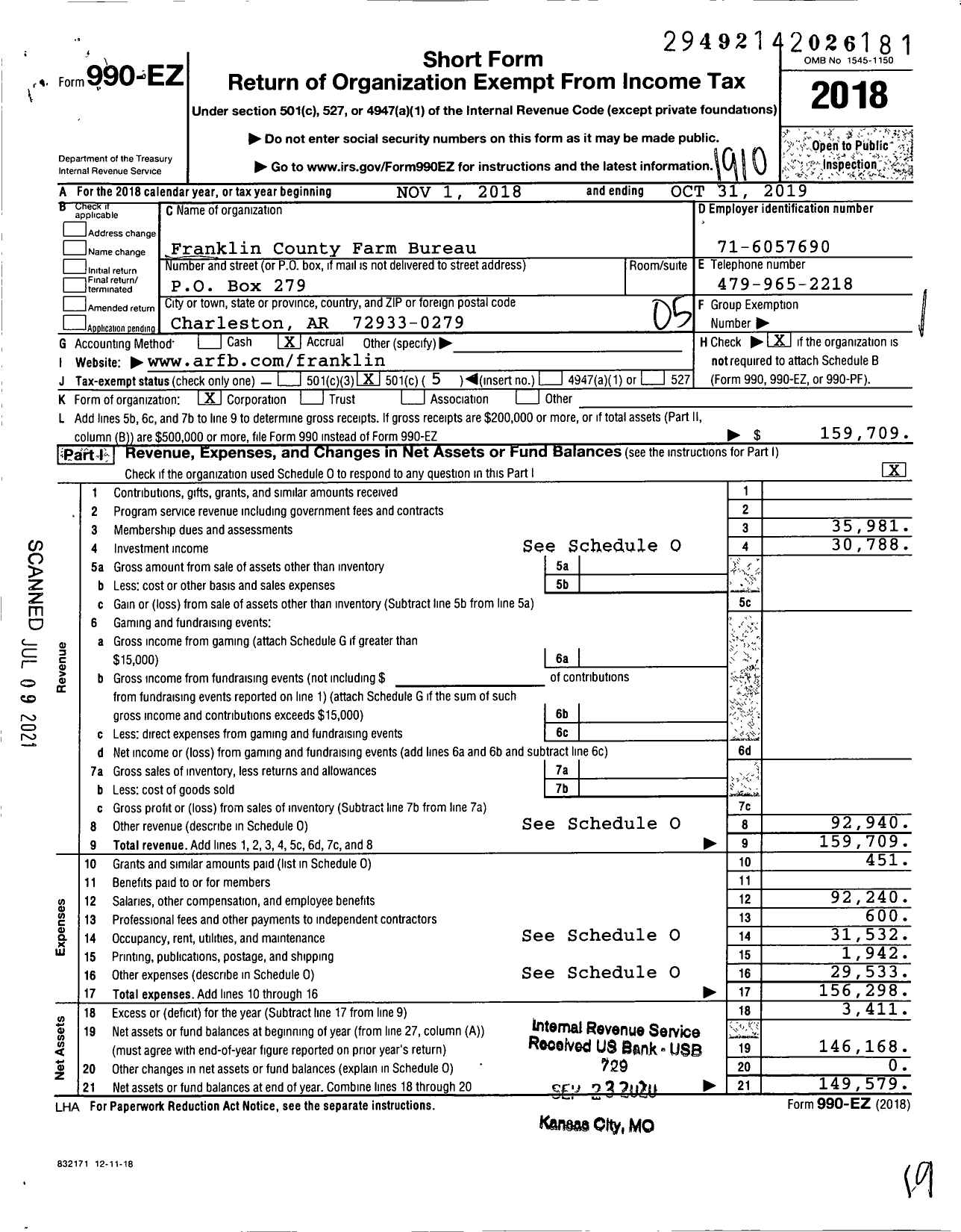 Image of first page of 2018 Form 990EO for Franklin County Farm Bureau