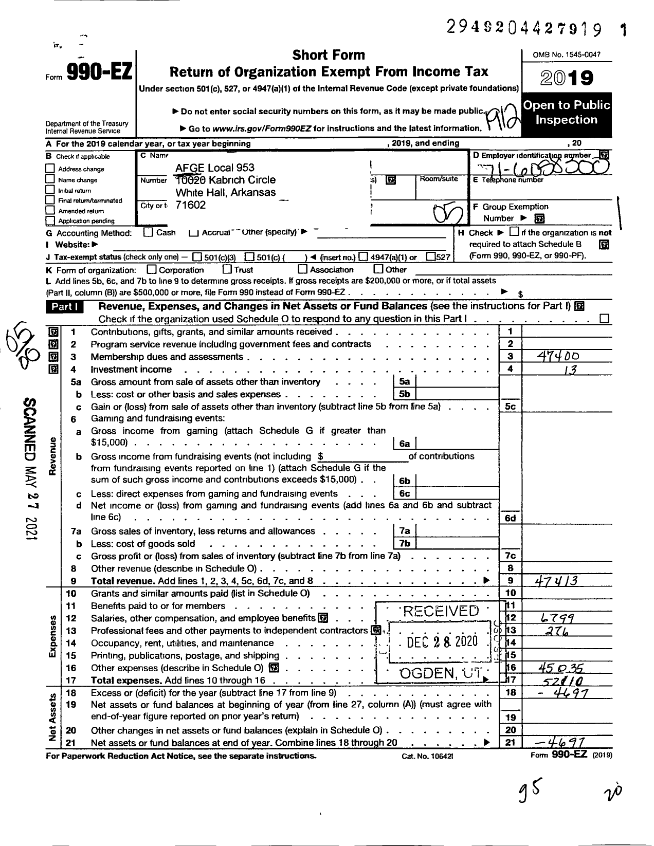 Image of first page of 2019 Form 990EO for American Federation of Government Employees - 0953 Local Afge