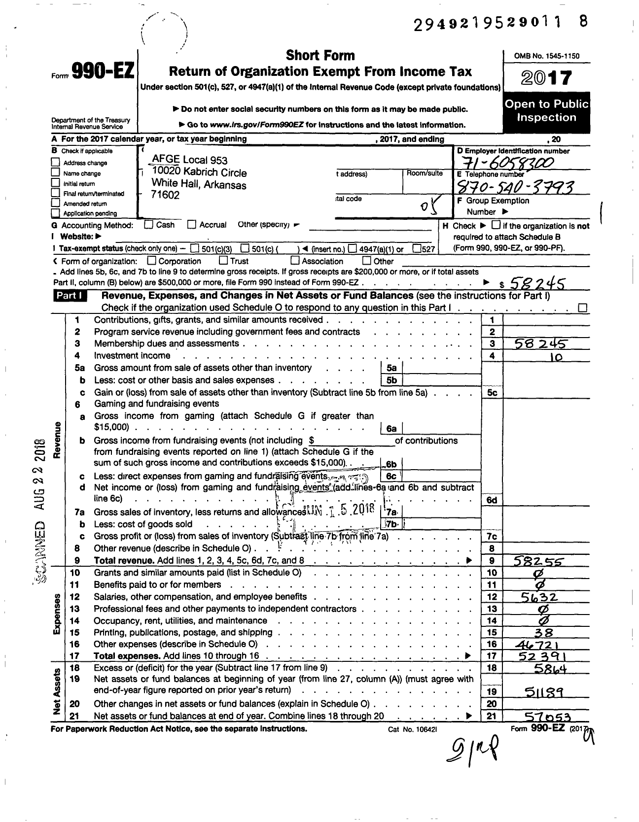 Image of first page of 2017 Form 990EO for American Federation of Government Employees - 0953 Local Afge