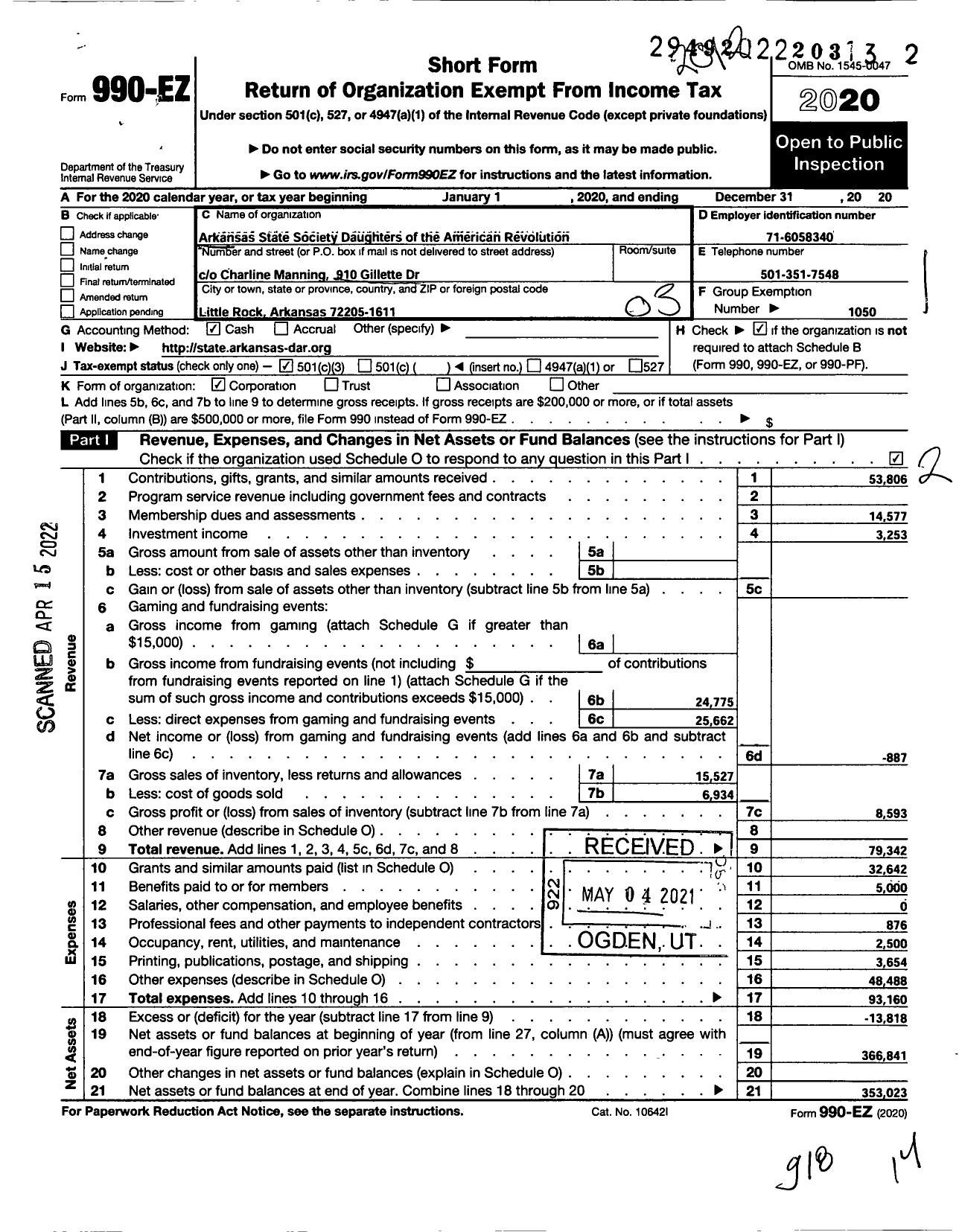 Image of first page of 2020 Form 990EZ for Daughters of the American Revolution - Arkansas State Society Dar