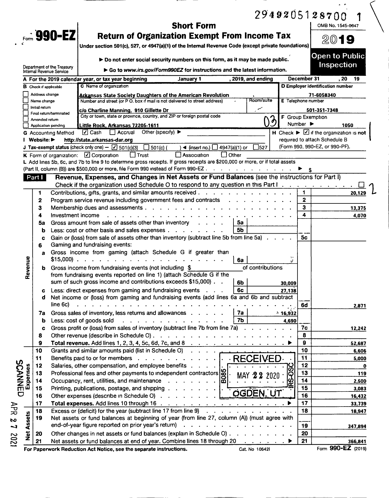 Image of first page of 2019 Form 990EZ for Daughters of the American Revolution - Arkansas State Society Dar