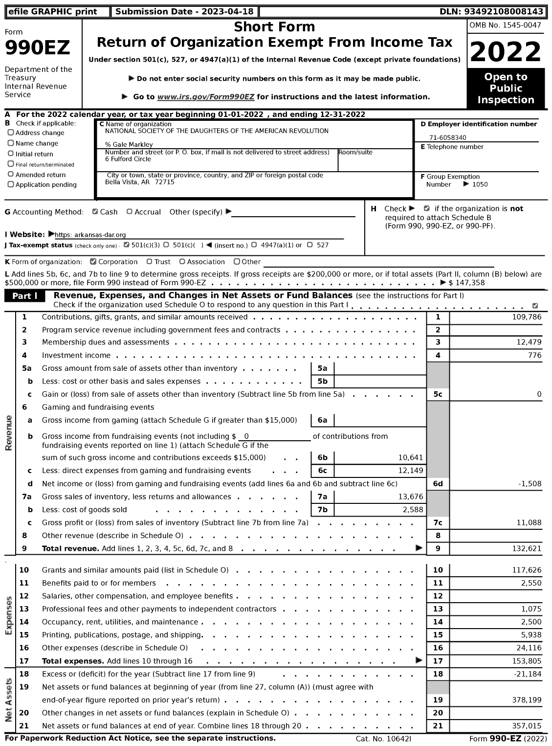 Image of first page of 2022 Form 990EZ for Daughters of the American Revolution - Arkansas State Society Dar