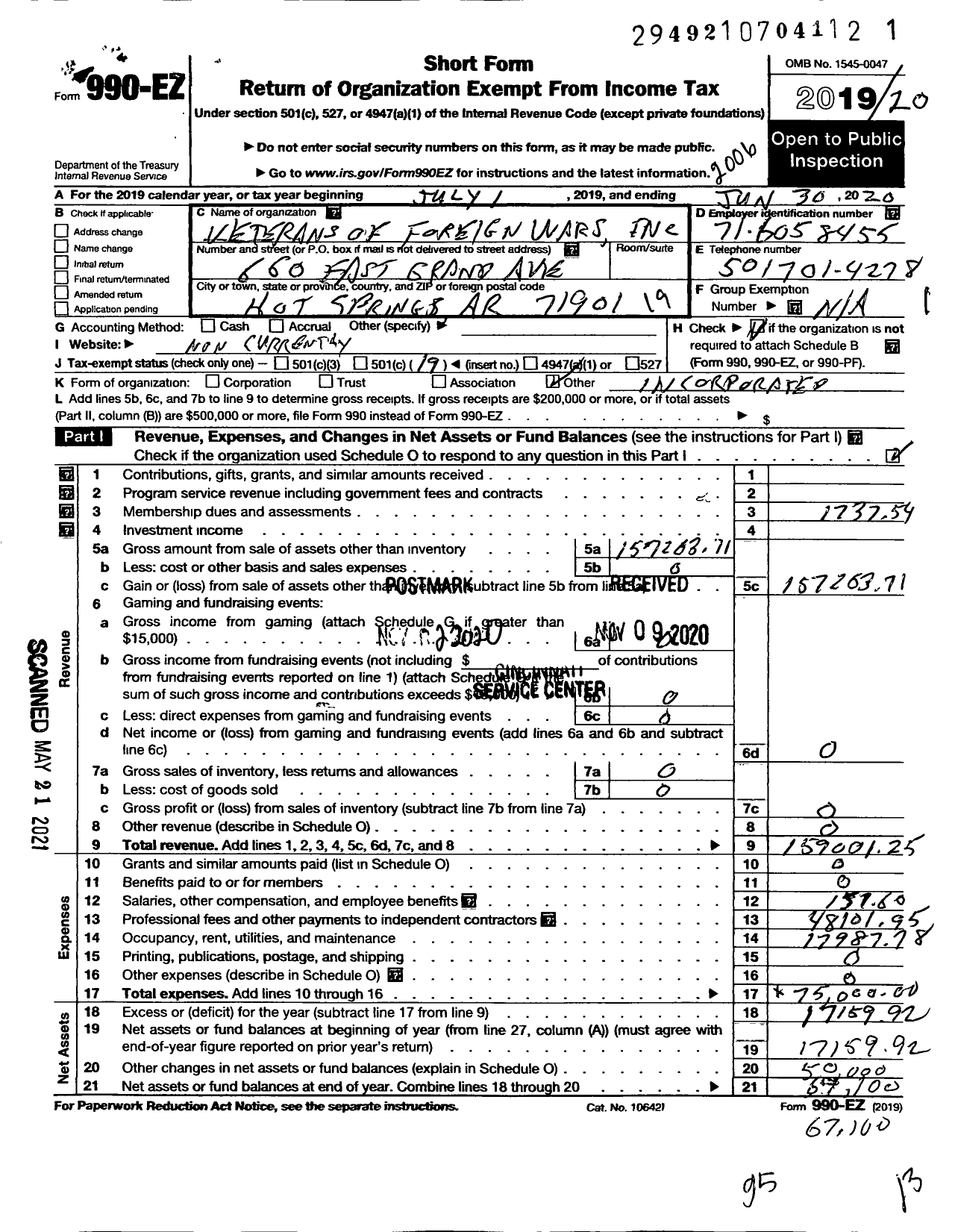 Image of first page of 2019 Form 990EO for Thaddeus H Caraway Post No 2278 VFW of the Us