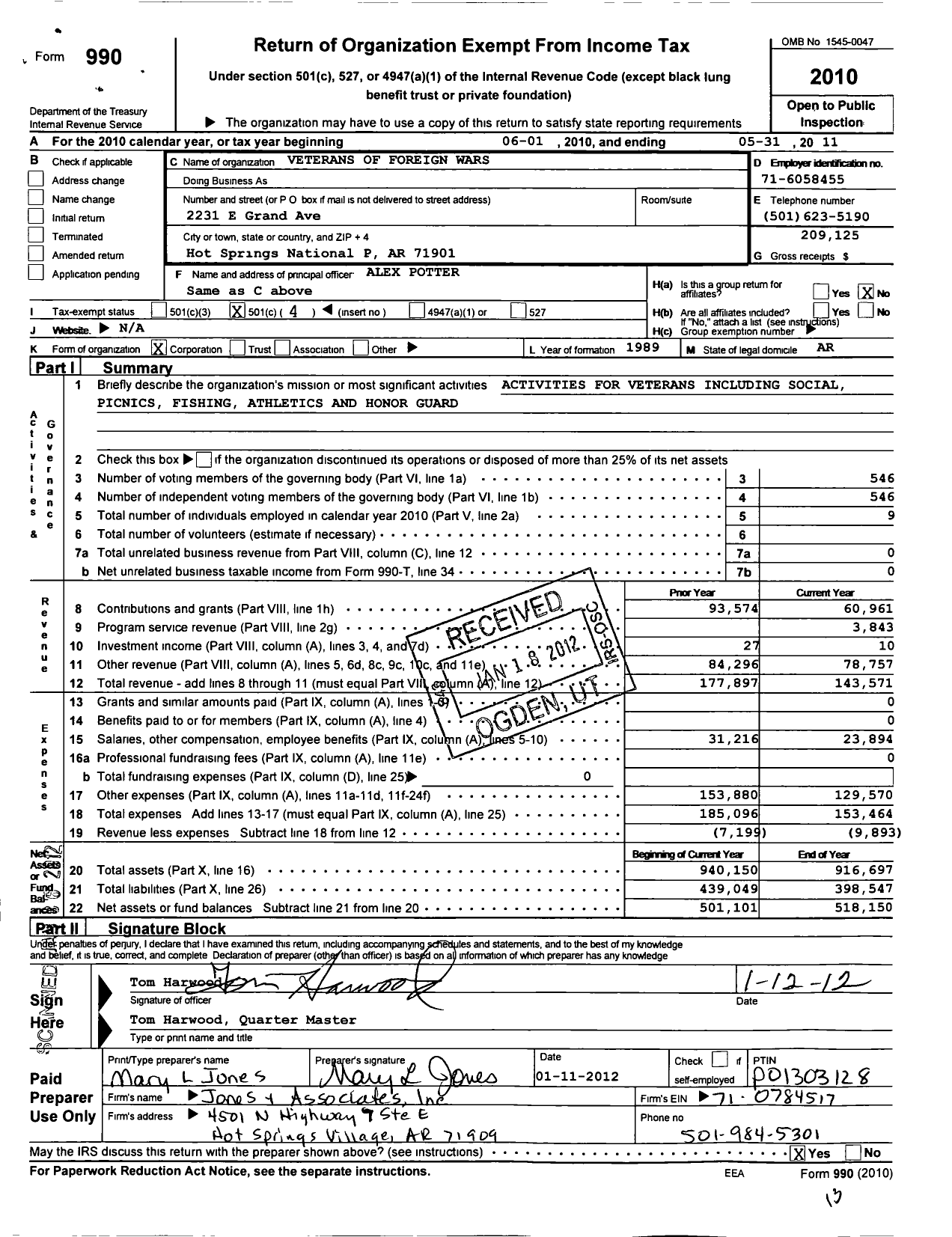 Image of first page of 2010 Form 990O for Thaddeus H Caraway Post No 2278 VFW of the Us