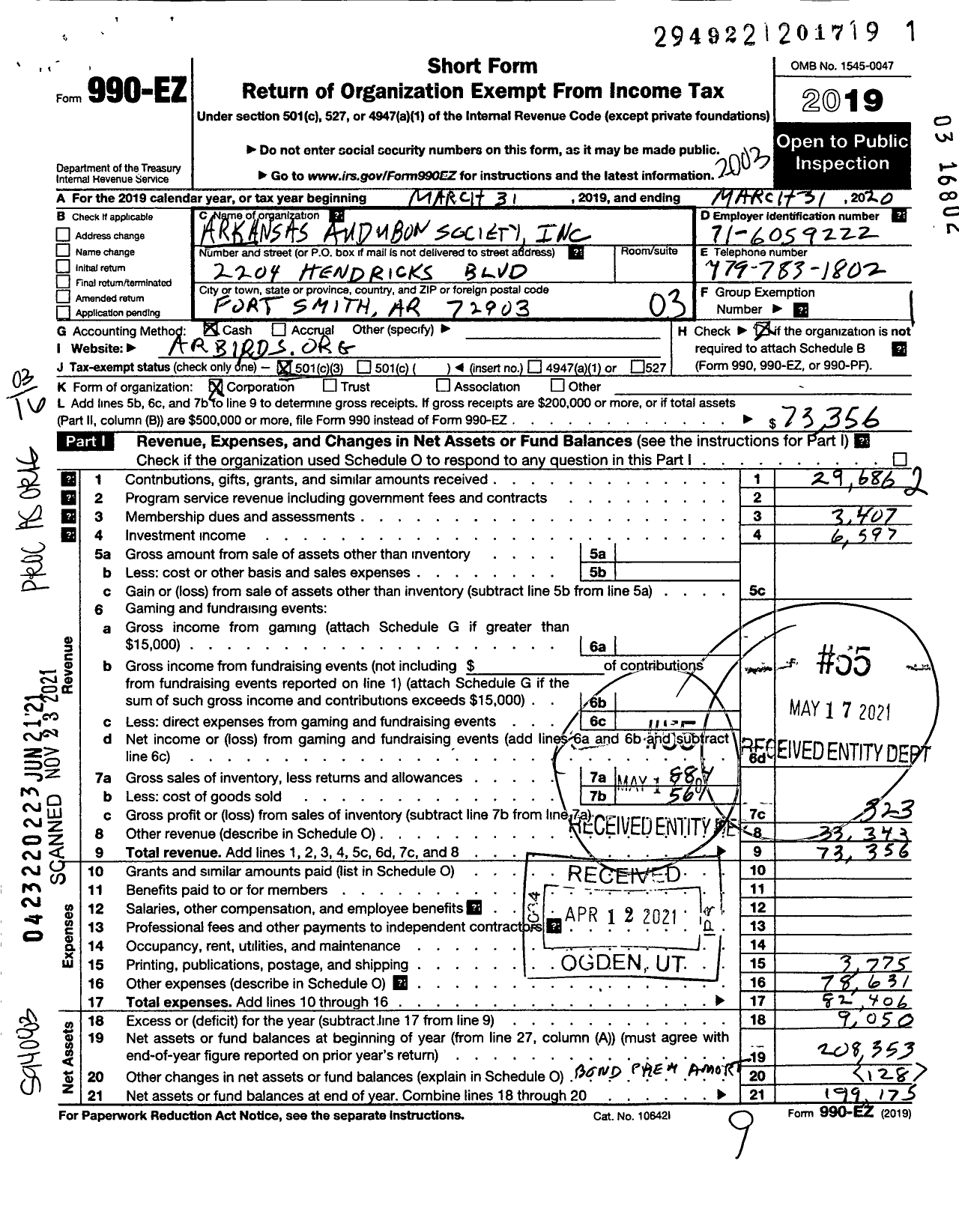 Image of first page of 2019 Form 990EZ for Arkansas Audubon Society