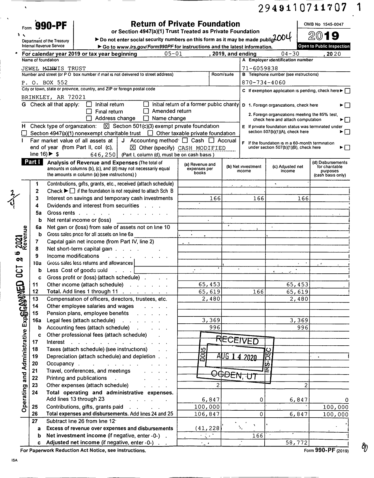 Image of first page of 2019 Form 990PF for Jewel Minnis Trust