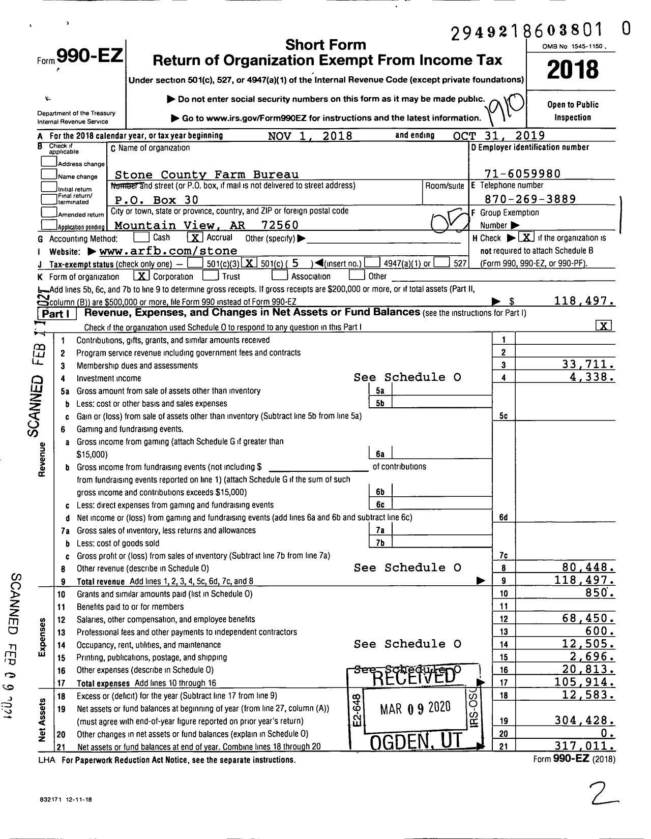 Image of first page of 2018 Form 990EO for Stone County Farm Bureau