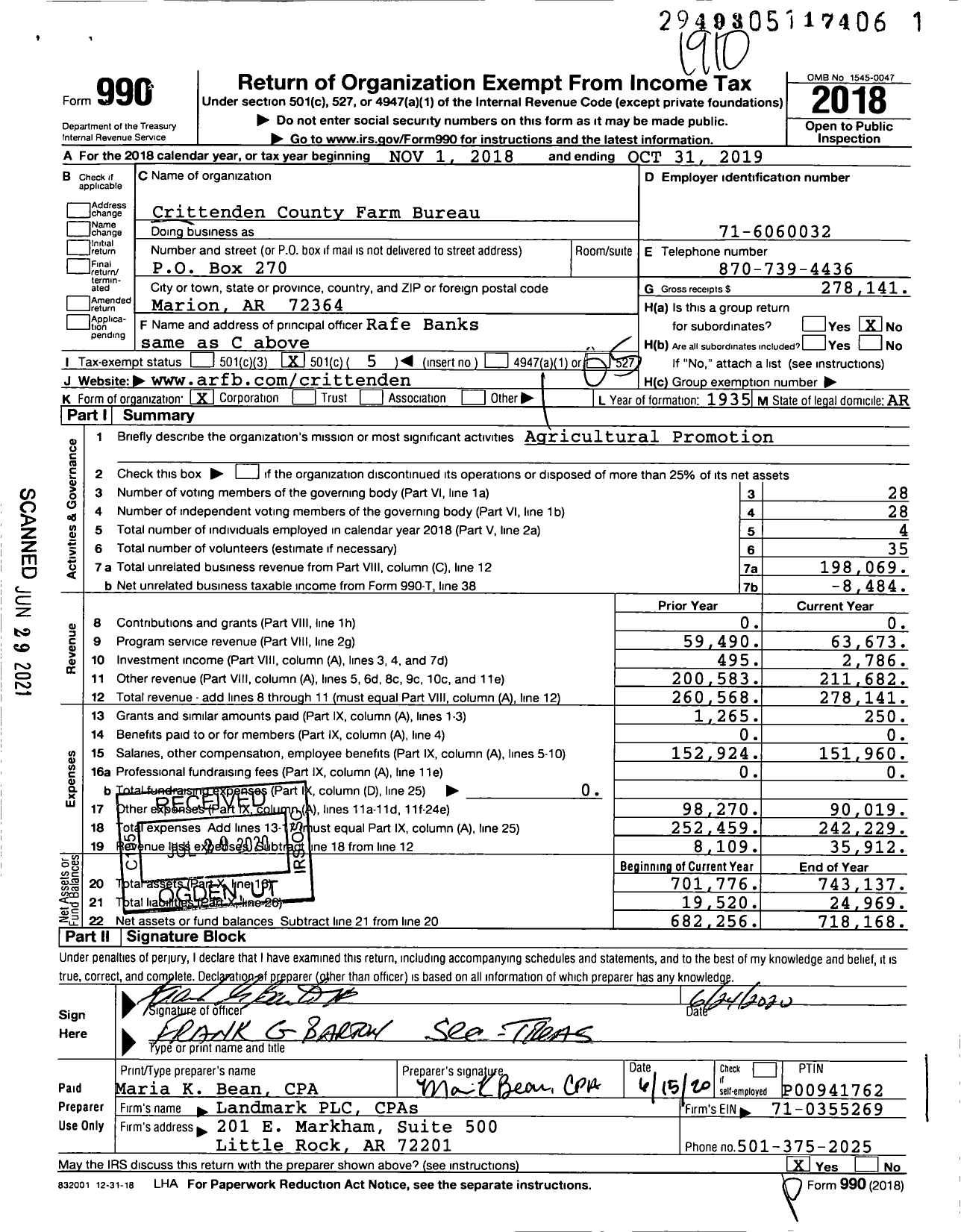 Image of first page of 2018 Form 990O for Crittenden County Farm Bureau