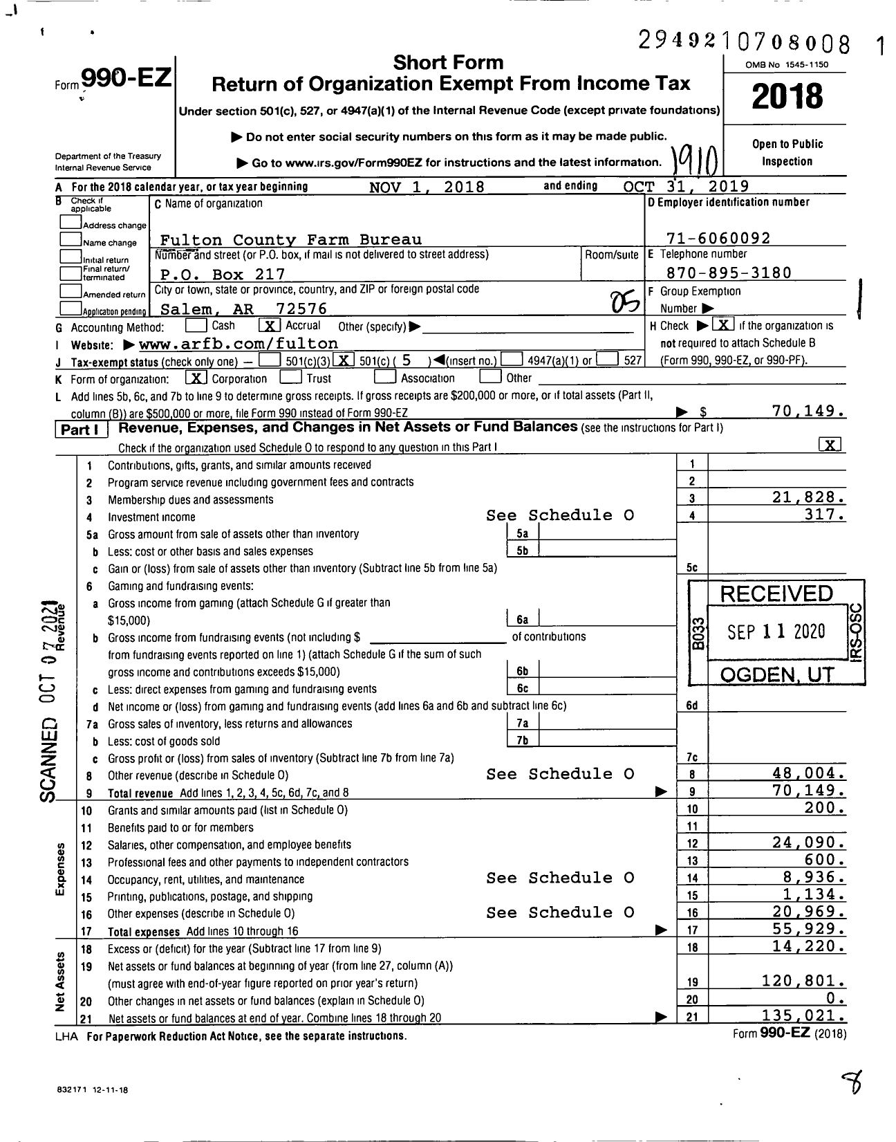 Image of first page of 2018 Form 990EO for Fulton County Farm Bureau