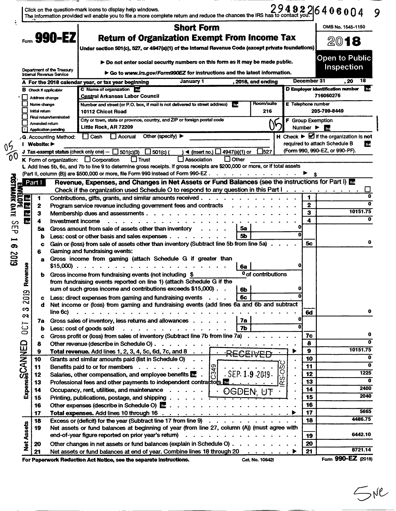 Image of first page of 2018 Form 990EO for Central Arkansas Labor Council