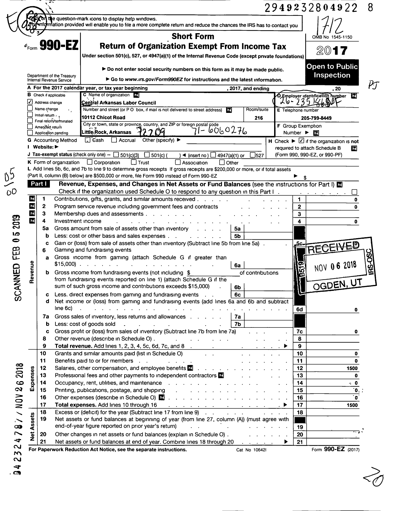 Image of first page of 2017 Form 990EO for Central Arkansas Labor Council