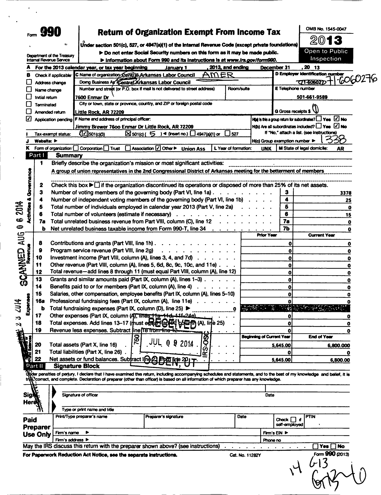 Image of first page of 2013 Form 990O for Central Arkansas Labor Council